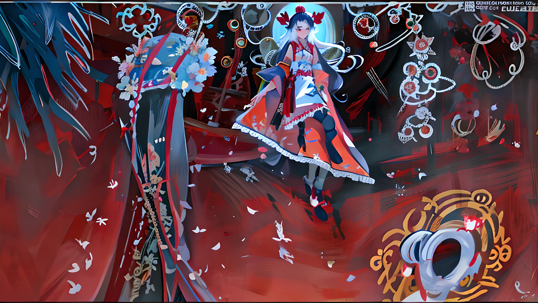 there is a cartoon picture of a woman and a man in a boat, onmyoji detailed art, artistic render of reimu hakurei, bloody + concept art, painted as a game concept art, jellyfish shrine maiden 8k, pc screenshot, jellyfish shrine maiden, concept art, concept art, jellyfish priestess, an ominous fantasy illustration, onmyoji