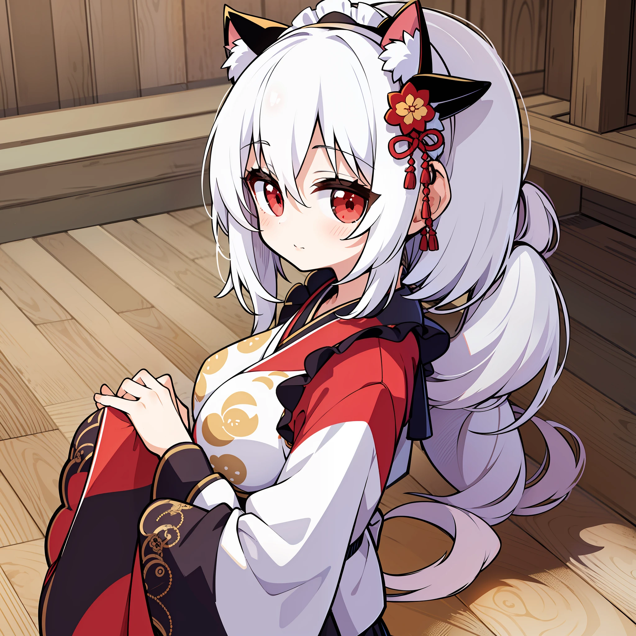 1girl, masterpiece, best quality, ultra-detailed, cat ears, boobs, loli, child ,white hair ,red eyes ,medium hair ,hair between eyes ,cute ,maid ,kimono ,(full body ,from side) ,simple background