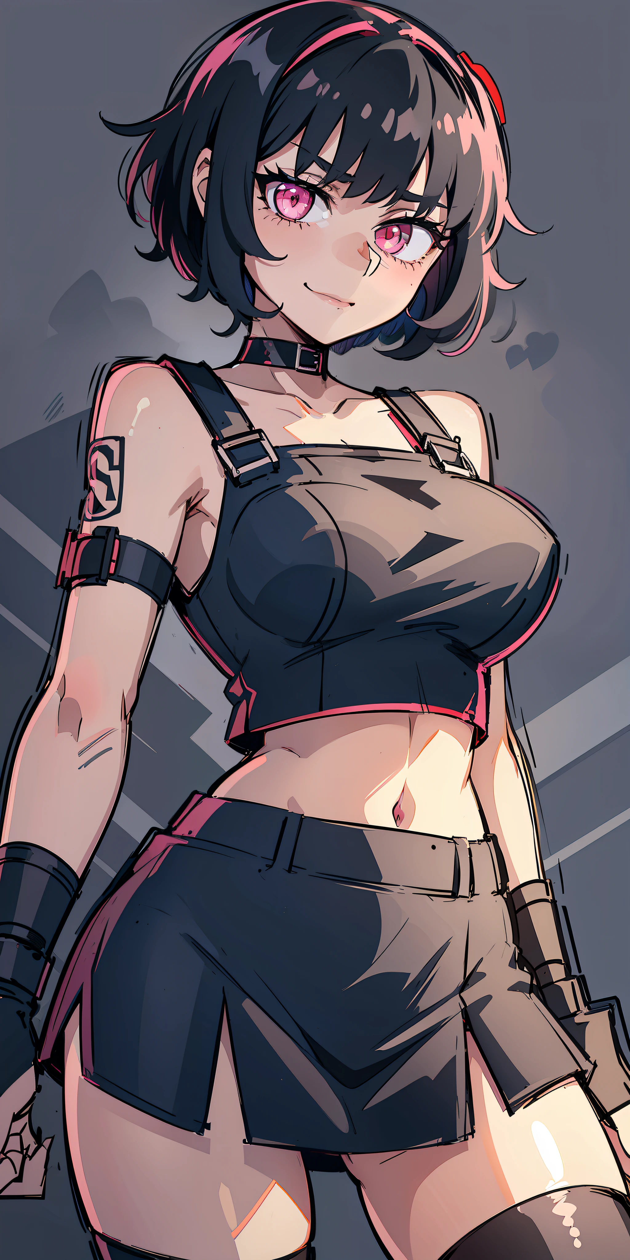 Girl, short black hair, pink eyes, bad smile, black crop top, straps, short skirt, strangler stockings, gray background, masterpiece, highest quality