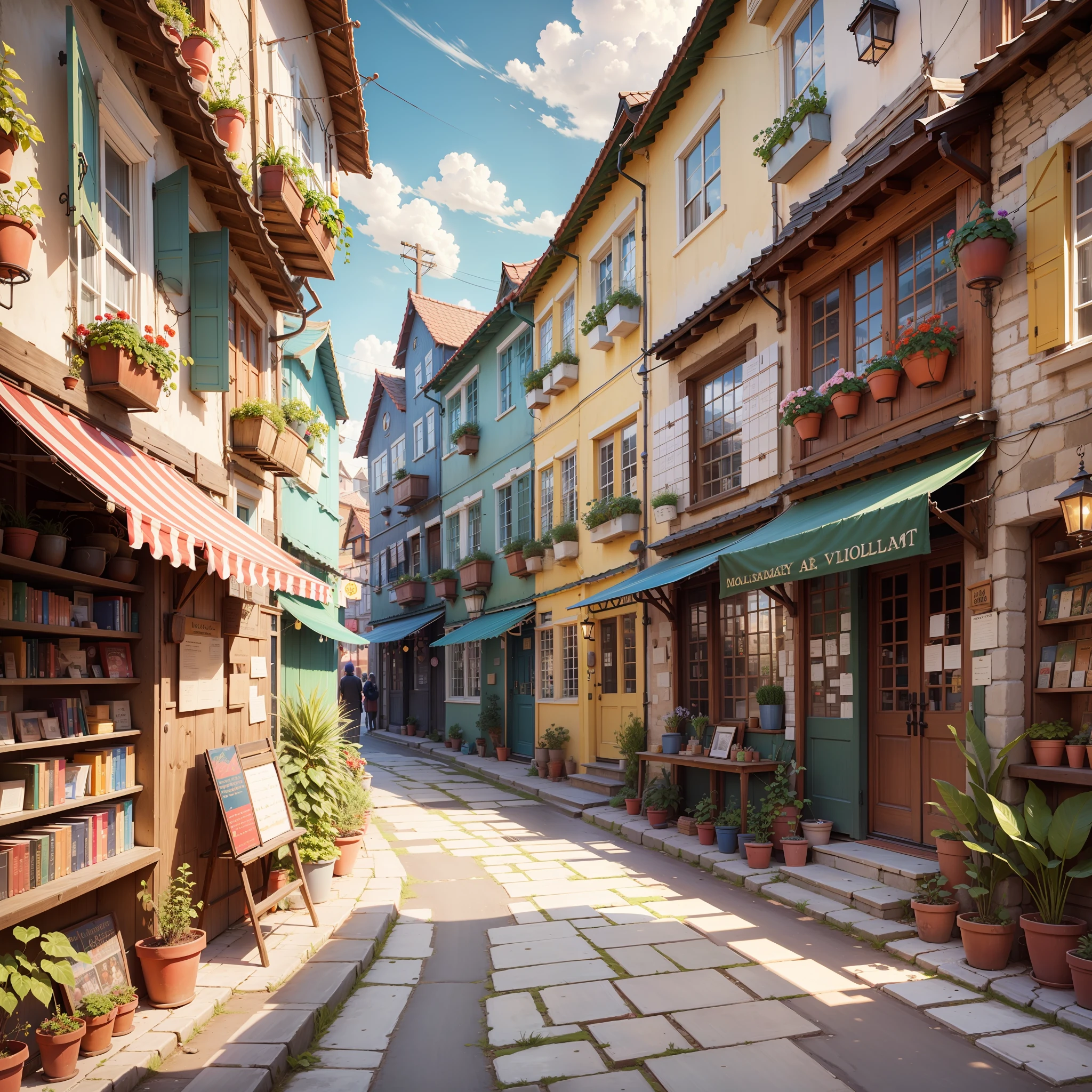 A cozy village with colorful houses, a bustling marketplace, and a charming library standing at the heart of the community. --auto --s2
