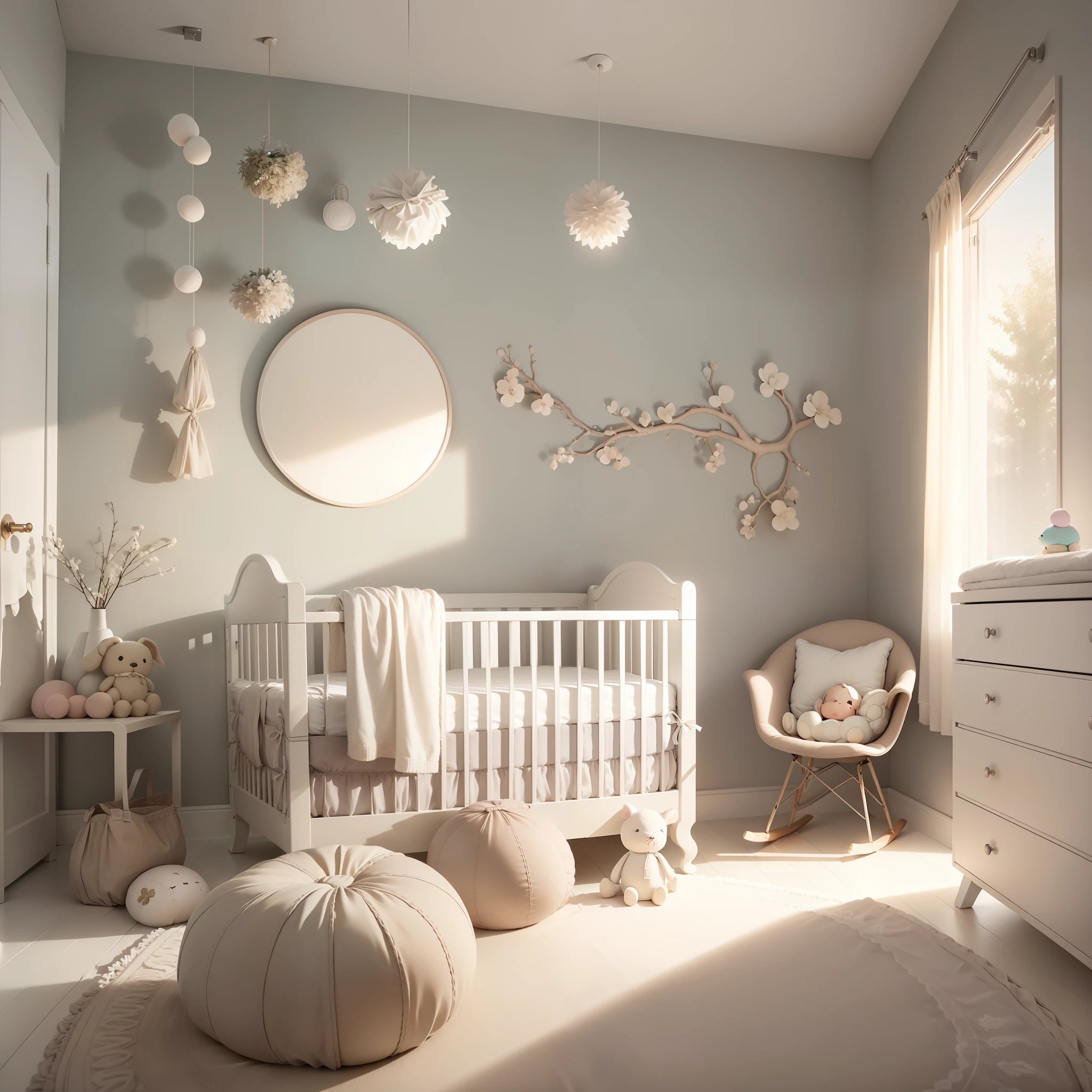 (An aesthetically pleasing and modern) stylish baby room, (showing) a crib in the center,(with neutral/gender-neutral color scheme:1.1+pastel colors:1.2), warm lighting, (soft textures and fabrics:1.1), cozy ambiance and (baby-safe decorations and toys:1.2).