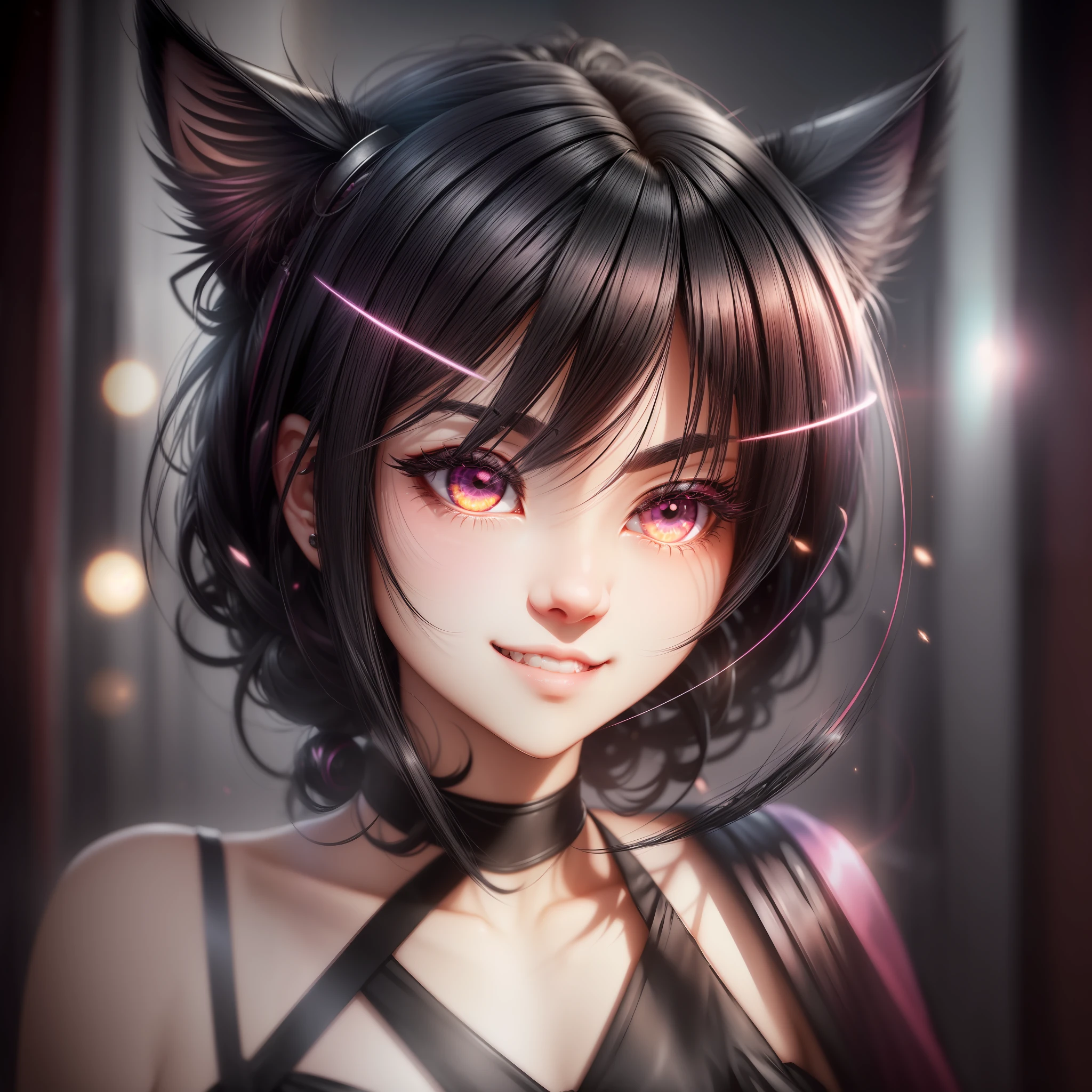 black hair, hair bobbles, wince, longeyelashes, solid circle eyes, fake animal ears, light smile, ear blush, fang, Surrealism, drop shadow, anaglyph, stereogram, tachi-e, pov, atmospheric perspective, 8k, super detail, ccurate, best quality --auto --s2
