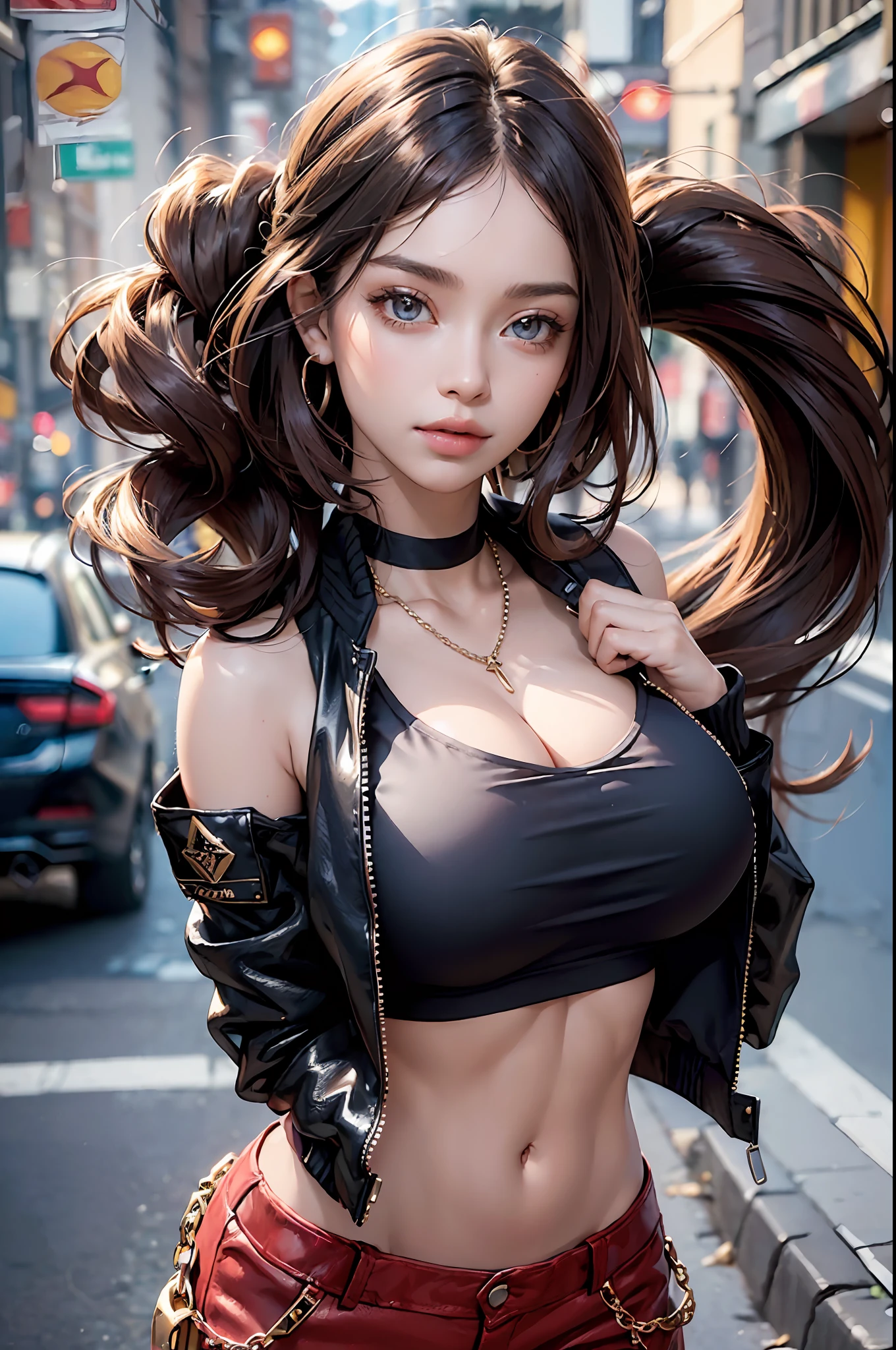 (((masterpiece))),((best quality)),detailed,1girl,(hands in pockets),dynamic pose,(Perfect and delicate hairdressing),Shiny hair,brunette,Short,Messy hair,Swept bangs,undercut,Brilliant highlights,(Perfect and delicate eyes),(Perfect and delicate beauty),Expressionless,(Perfect for soft and supple skin),Glow skin,skinny,(Shiny skin),(Perfect Body Type),Narrow waist,Wide hips,breast_expansion,collarbone,x_navel,cleavage,(Beautiful clothes with perfect details),goyain,chain_necklace,navy bomber jacket,open_clothes,open_jacket, maroon crop top,maroon_pants,street,pedestrian,((large breast))