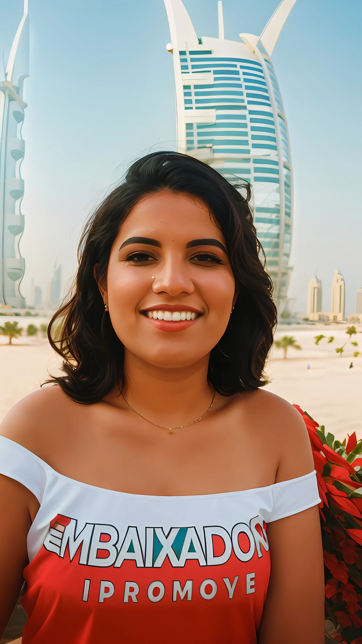 "View of Dubai city in the background with a stunning party dress on the starry night."