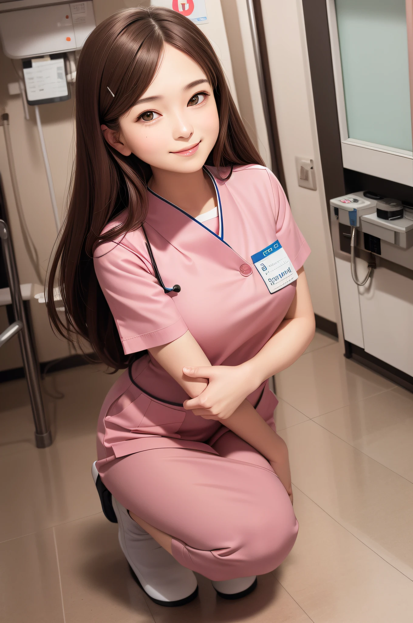 high quality, realistic, photo, human, masterpiece, brown hair, brown eyes, talking, smiling face, lone nurse, light pink uniform, full body, hospital room