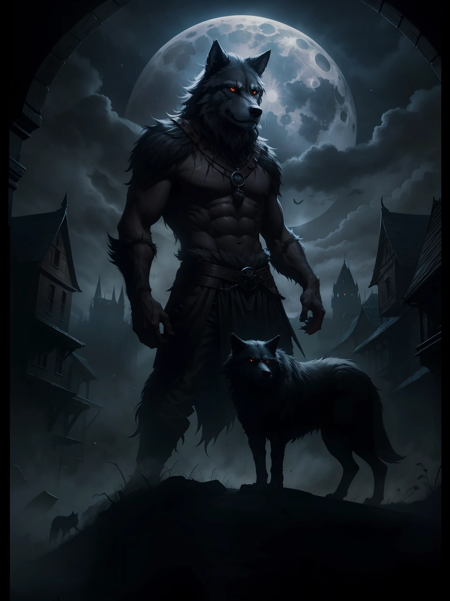 The Werewolf, Medieval City, Night, Dark Environment, Darkness, Fog, Blood, Full Moon