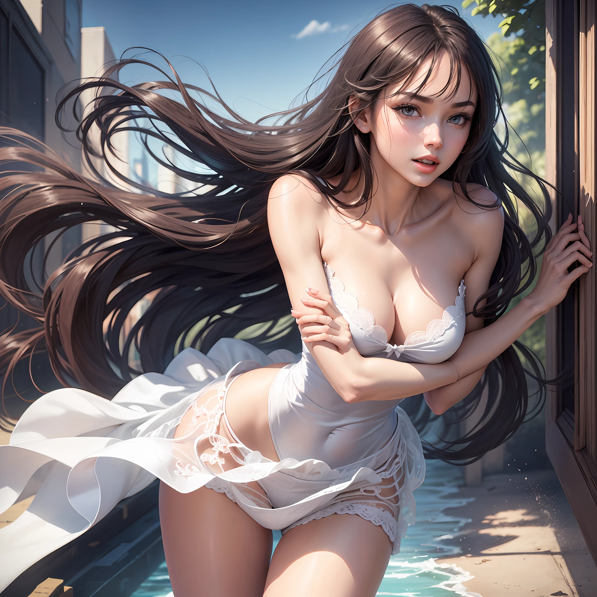 1 girl, solo, Victoria's Secret model, delicate, masterpiece, beautiful details, pure, realistic, stretched movements, vivid expressions, graceful, height 168 cm tall, well-proportioned, tall, thin figure, dynamic posture, full body, wearing high heels, sexy, bare shoulders, long legs, black hair, bright and clear eyes, perfect body, white summer dress, hot pants, happy, lively --auto --s2