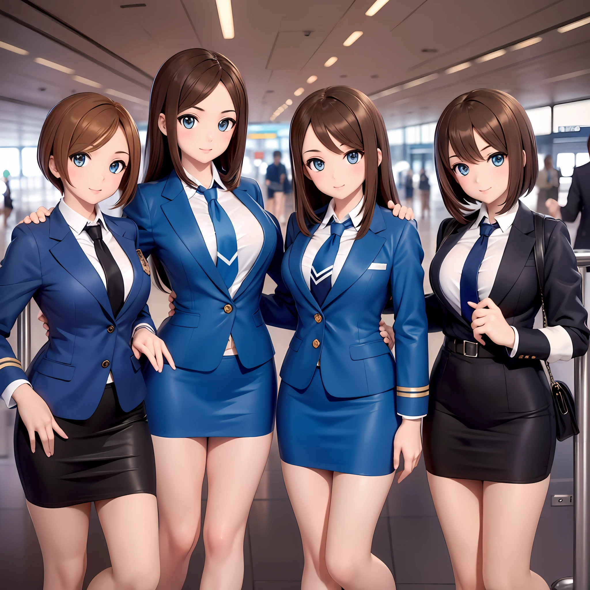 {{Mature female, caucasian}}, looking at viewer, hazel eyes, extremely detailed, medium breasts, brown hair, airport, flight attendant, uniform, blue blazer, blue necktie, blue skirt, medium skirt, pencil skirt, bare legs, blue high heels, happy, best quality, high quality, extremely detailed anime screencap, {{{{crowded, multiple girls, thousands of sisters, millions of sisters,billions of sisters, clone, doppelganger, matching outfit, matching hairstyle}}}}, full body