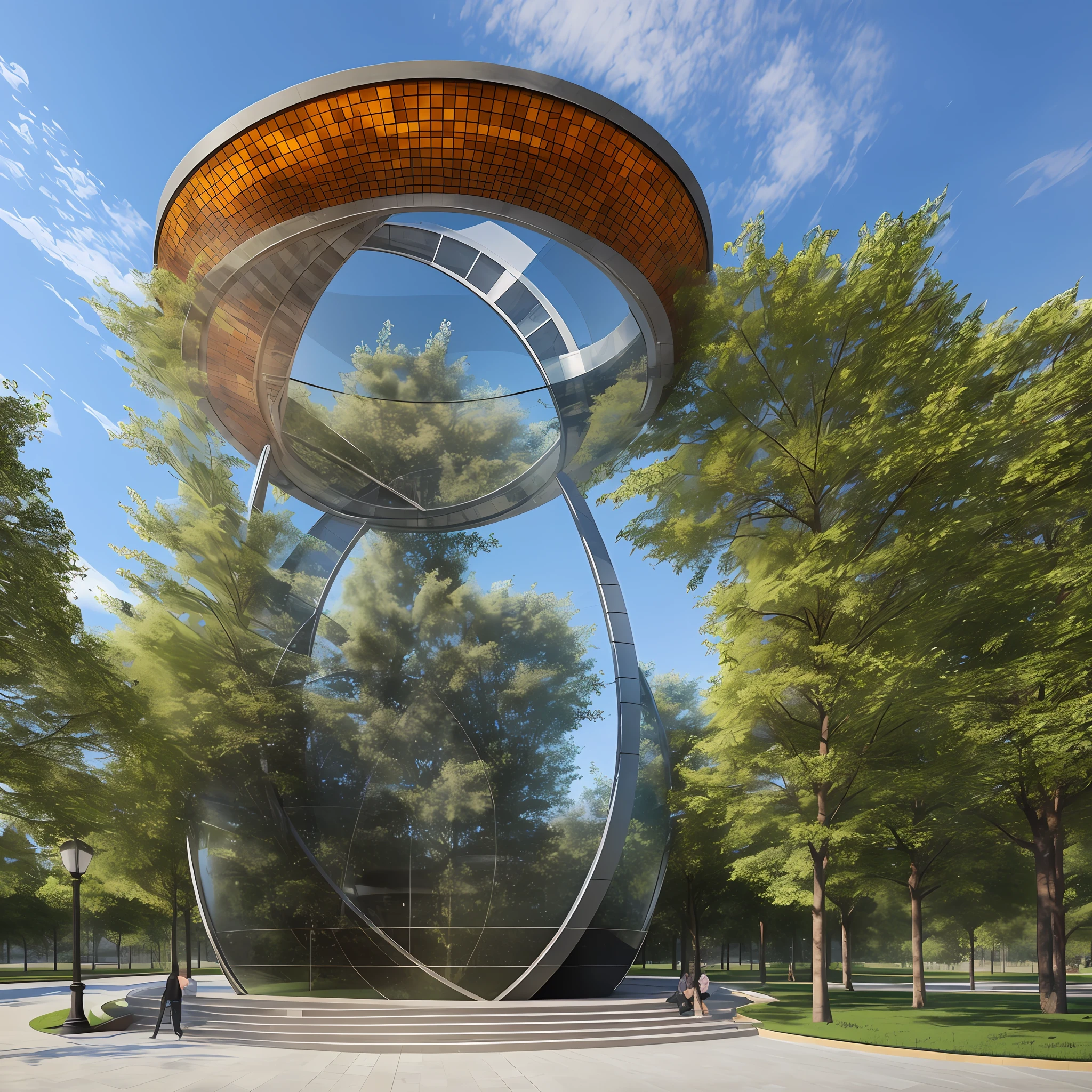 1 Drinking Water Reservoir of a city: Circular shape, a spaceship, 12 meters high, 3 meters in diameter, supported by a pillar in the form of a circular tube, photorealistic, high resolution, best quality, masterpiece, stained glass in the colors black, yellow, blues and red heterochromatic, sculpture in a public square, with flowers and trees. --auto --s2