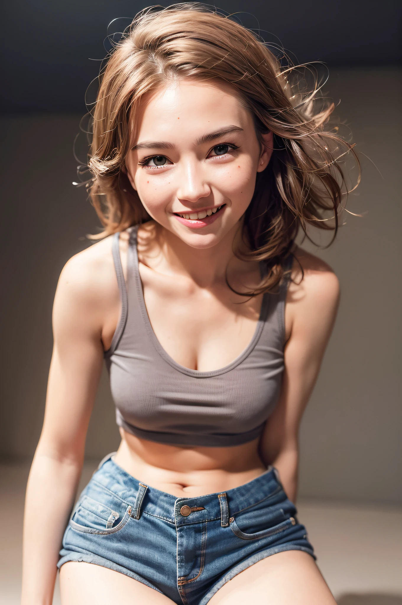 (Realistic, Photorealistic: 1.37), (8k, RAW Photos, Best Quality, Masterpiece: 1.2), Cute, Ultra Detailed, Heart-Shaped Pupils, Physically Based Rendering, Ultra High Resolution, Kodak Vision Color, Shot with Arricam LT Camera, Bokeh, Sharp Focus,
If you look at the viewer, you will see photorealistic, realistic, solo, photorealistic, highest quality, highly detailed face, highly detailed eyes and face, beautiful detailed eyes, absurdity, incredibly absurd, unforgettable smile, messy hair, floating hair, tank top, shorts, standing figure,