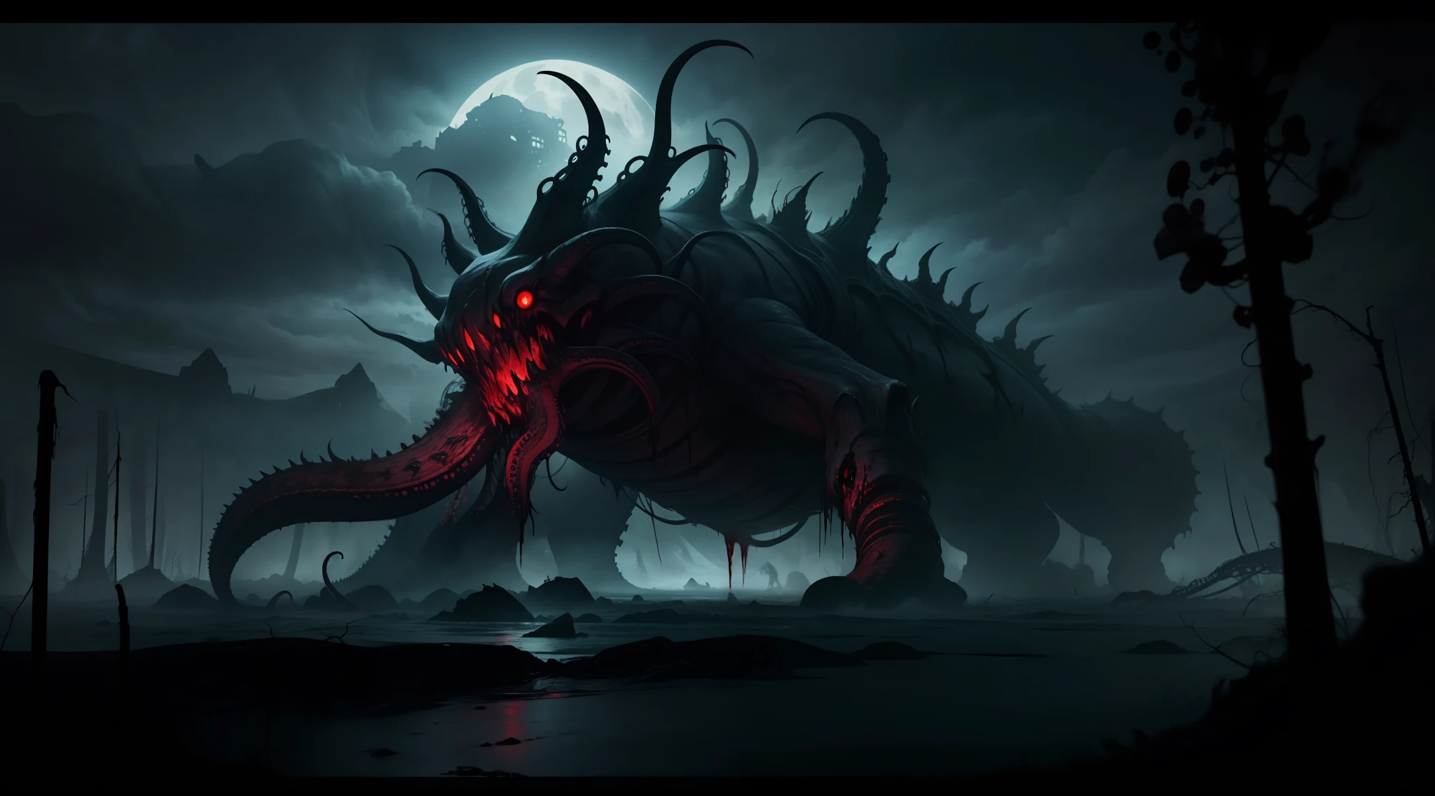 A gigantic and monstrous deformed creature with disgusting tentacles, night, dark environment, darkness, fog, blood