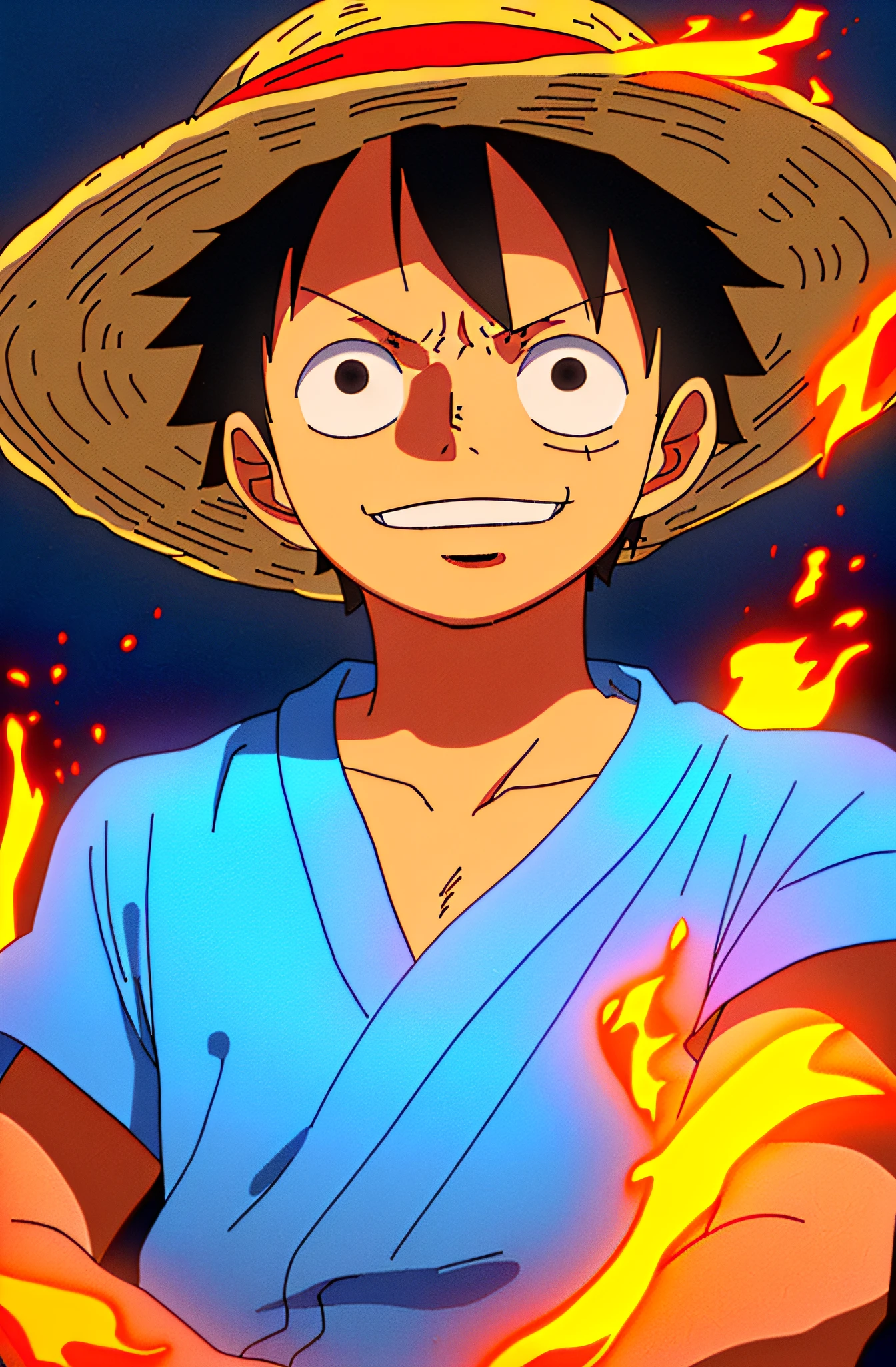 1boy, wanostyle, monkey d luffy, smiling, straw hat, looking at viewer, solo, upper body, ((masterpiece)), (best quality), (extremely detailed), depth of field, sketch, dark intense shadows, sharp focus, soft lighting, hdr, colorful, good composition, fire all around, spectacular, closed shirt, anime screencap, scar under eye, ready to fight, black eyes