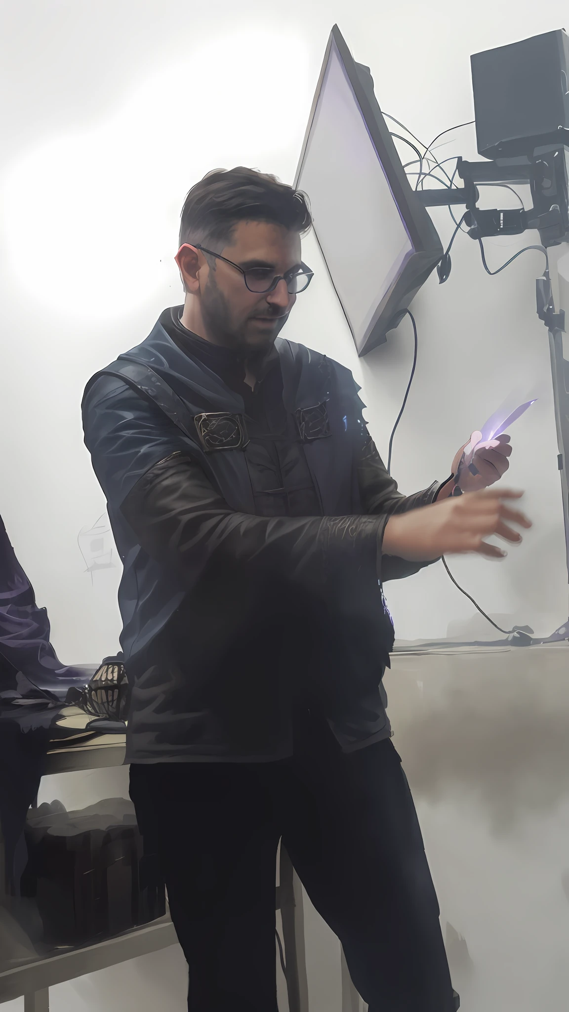 A sorcerer from medieval times casting a purple ray spell inside a dark cave.