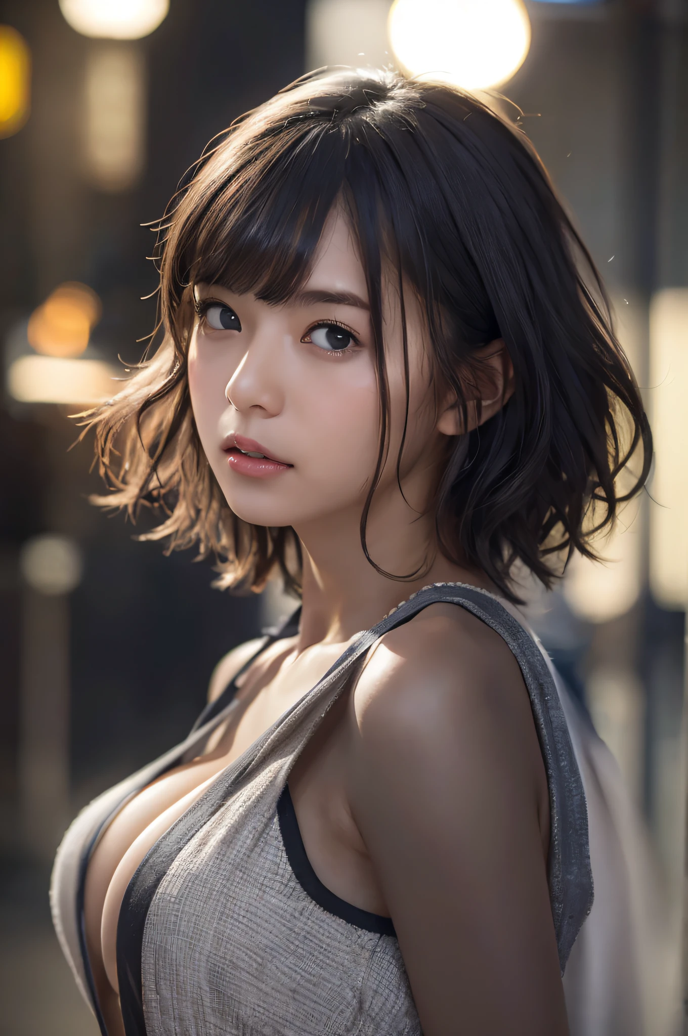 random pose, mix4, (8k, RAW photo, best quality, masterpiece: 1.45), (realistic, photorealistic: 1.37), one girl, cute, cityscape, night, rain, wet, professional lighting, photons mapping, radiosity, physically based rendering, gradient black hair, gray hair, short curly hair, handsome, girl, Deep V-neckline slip dress, top quality photo, high res, 1080p, (clear face), (detailed face description), (detailed hand description), (masterpiece), (exquisite CG), extreme light and shadow, disheveled hair, master work, rich details, (fine facial features), (highest quality photo), (masterpiece), (detailed eyes), look in front of you eyes, fine clavicle, ((large breasts)),