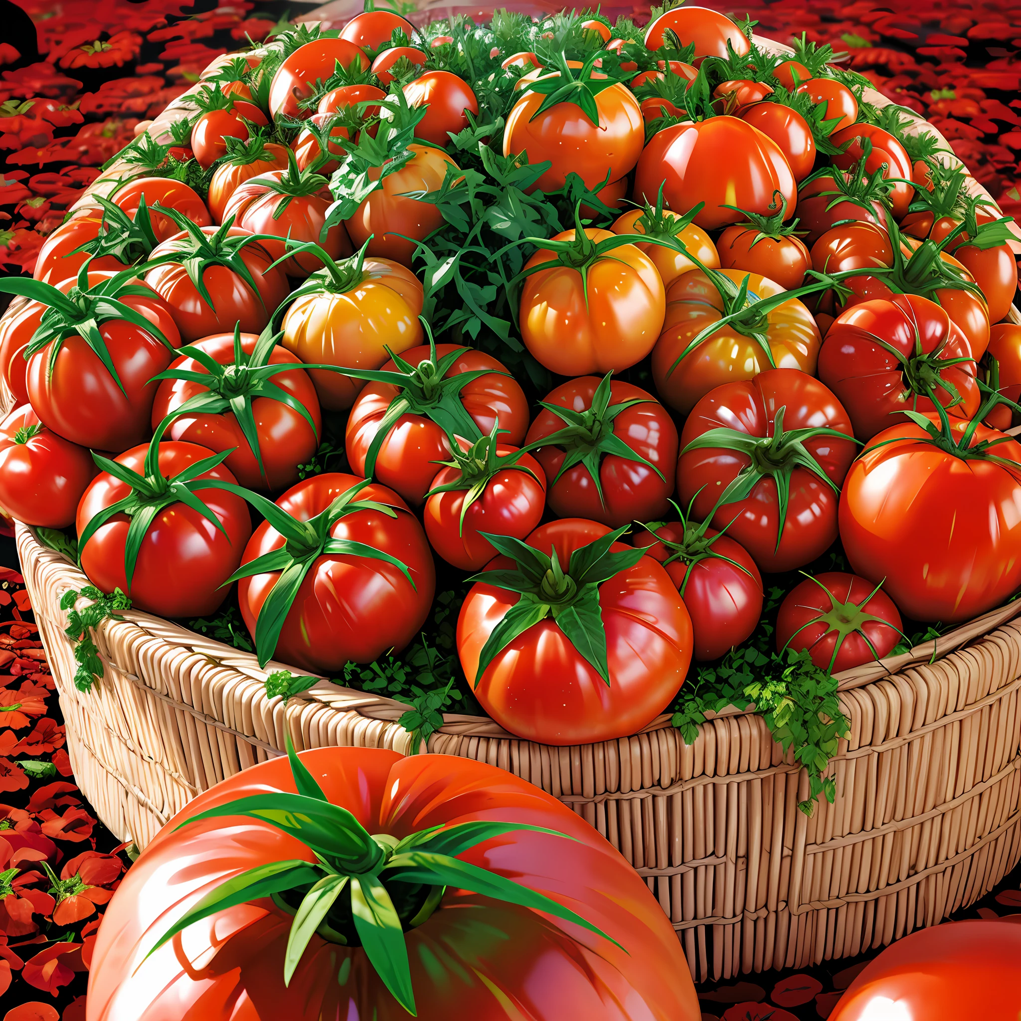 Tomato madness, psychedelic, tomato world, tomatoes everywhere, tomato people, ultra realistic, detail, tomatoes all around, tomato world, tomato houses