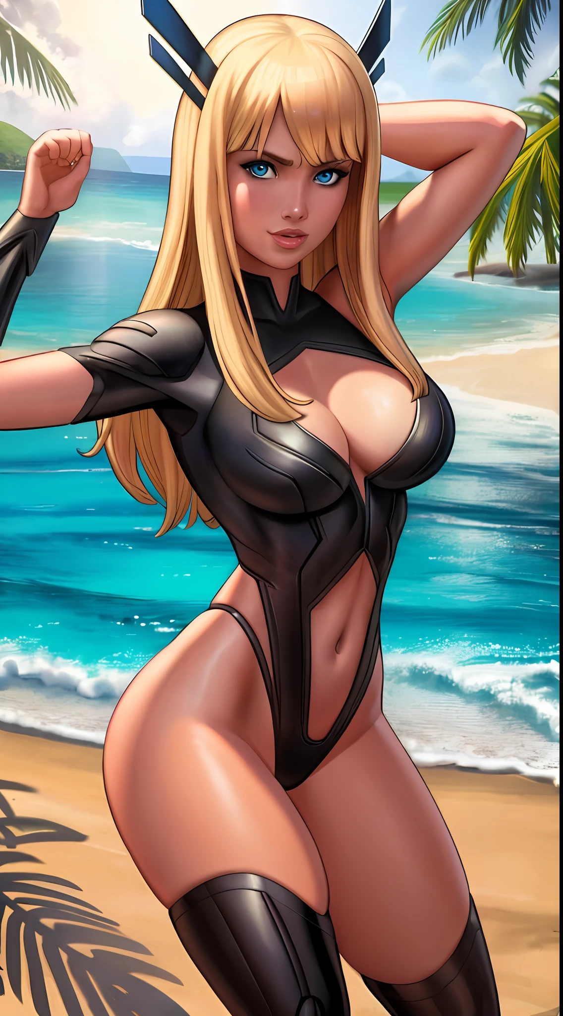 magik (from x-men, blue eyes, long blonde hair with bangs) dancing hula in Hawaii, on the beach, happy, wearing sexy Kupe, masterpiece: 1.2, best quality: 1.2, ultra-detailed, CG illustration, high resolution, better lighting, best shadow, extremely delicate and beautiful, appropriate shading, HD, 8k, ray tracing,