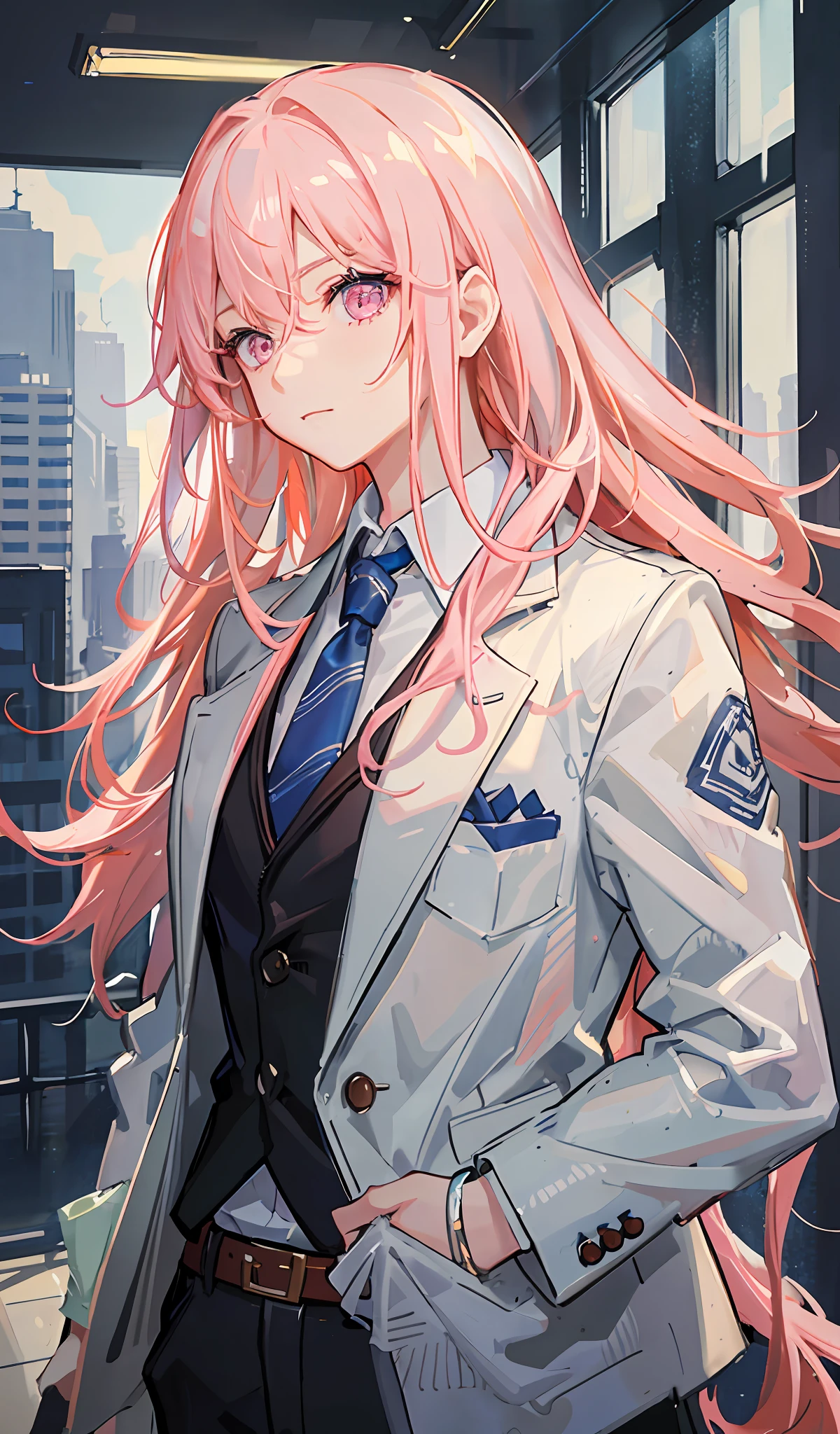 {{realistic}},{{sketch}}, {{oil painting}},long hair,gradient hair,{{best quality}, {{masterpiece}}, {highres}, original, extremely detailed wallpaper, {an extremely delicate and beautiful},1girl,an adult lady,extremely detailed,pink hair,messy hair,handsome,{white business suit},{tie},{white trousers},dramatic angle,{magzine},depth of field,,