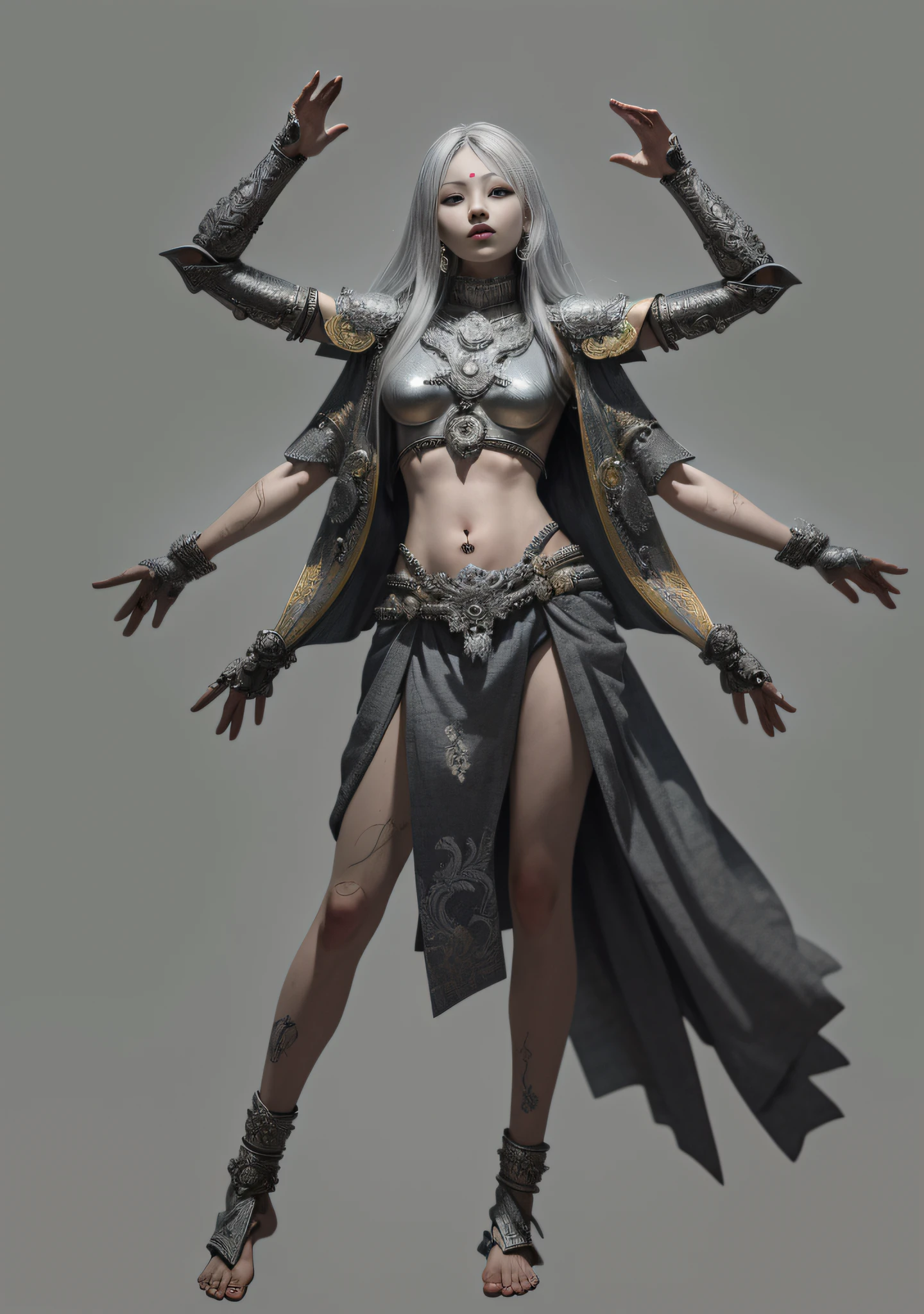 Asura Goddess, Buddhist elements, detailed face and eyes, long silver hair, full body, Japanese armor, rich details, gorgeous patterns, shabby fabric, barefoot, realistic, photos, masterpieces, realism, complex design, game models, movie edge light, delicate light, masterpiece, super detail, epic composition, super HD, high quality, highest quality, 32k --niji 5