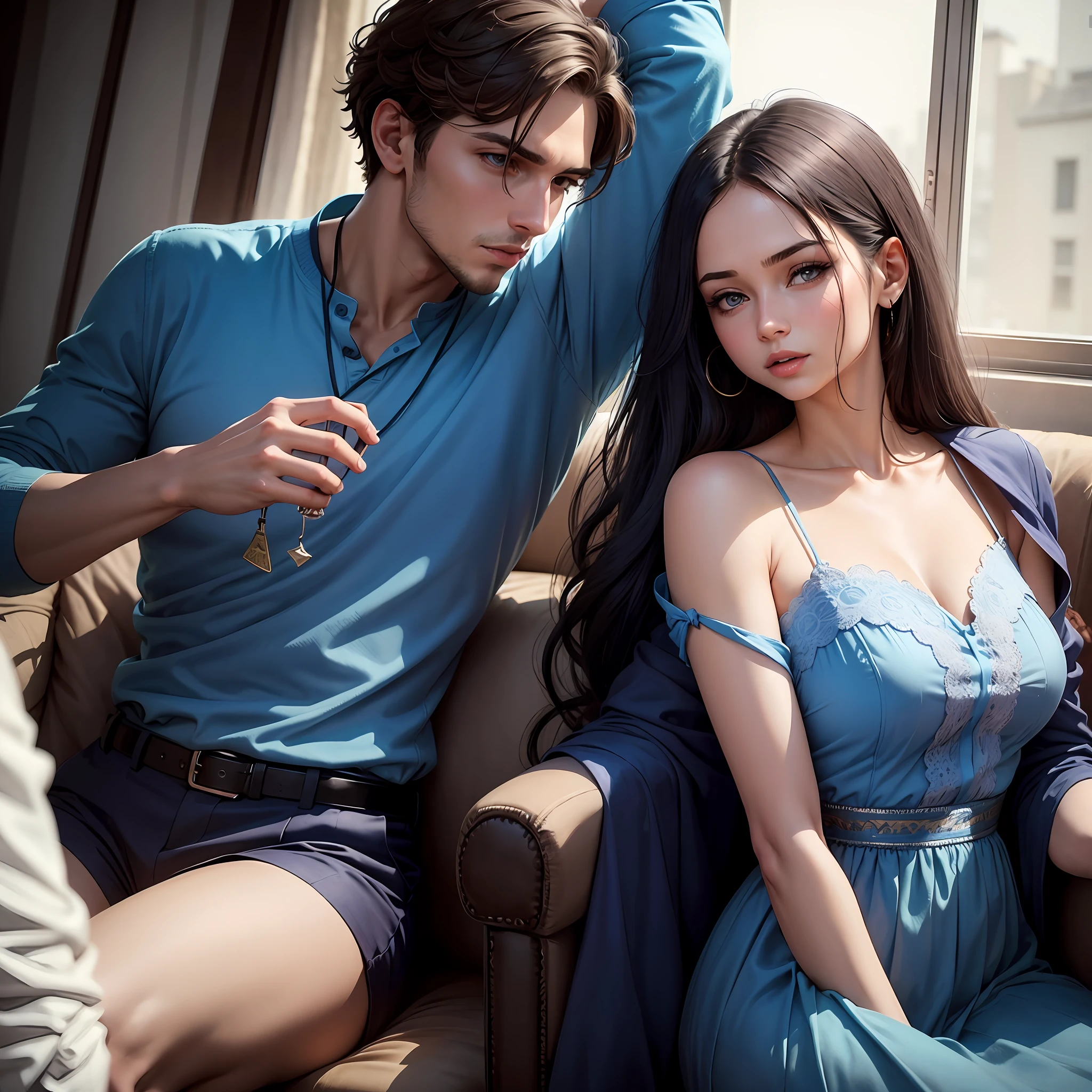 Change the woman in blue clothes in the picture to a man, and fine-tune the appearance of the woman in white