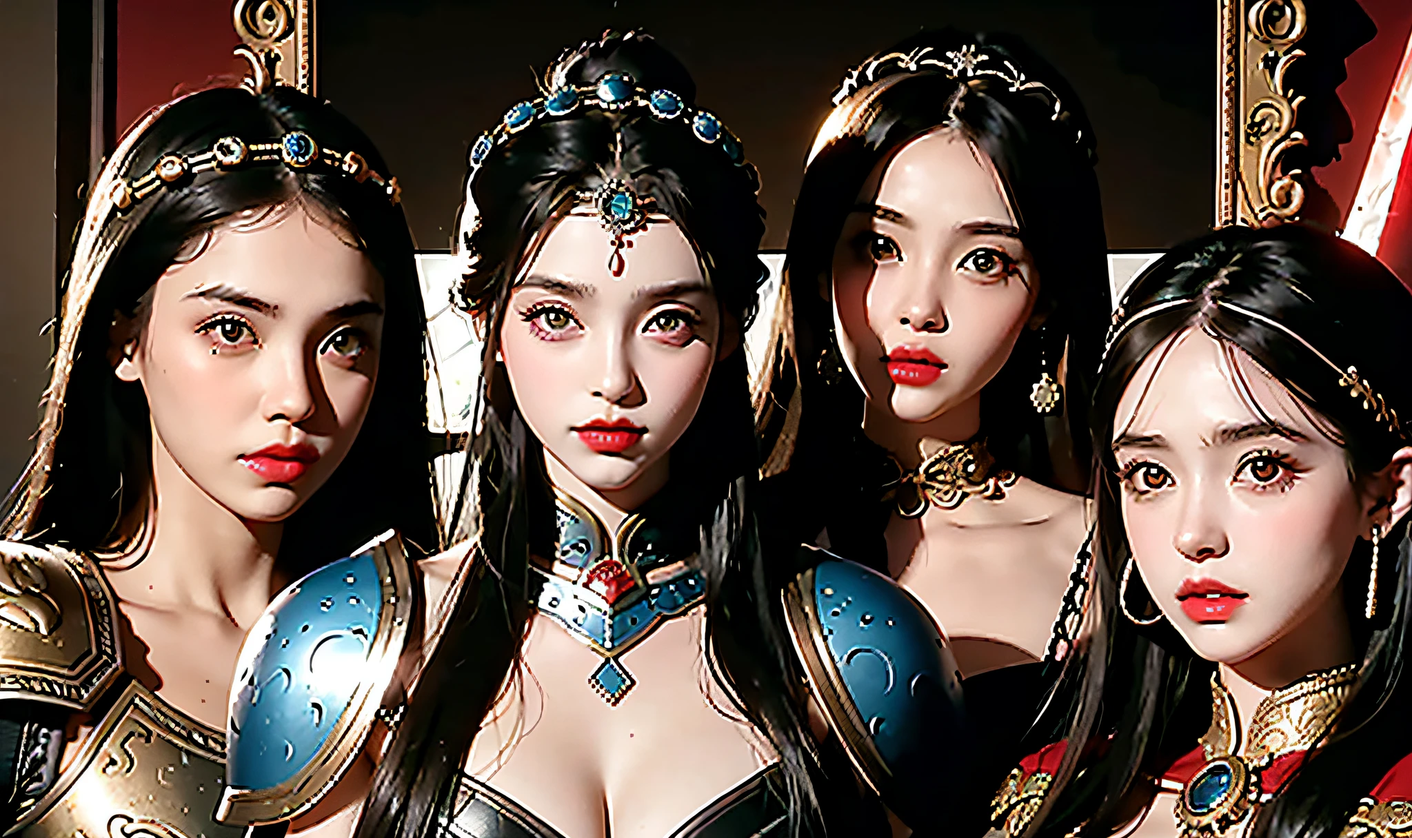 Ancient goddess of war, good-looking face, bright sword, three ladies, big eyes, red lips, HD picture quality, highest image quality, 8K picture quality, masterpiece, retro, war armor, three girls