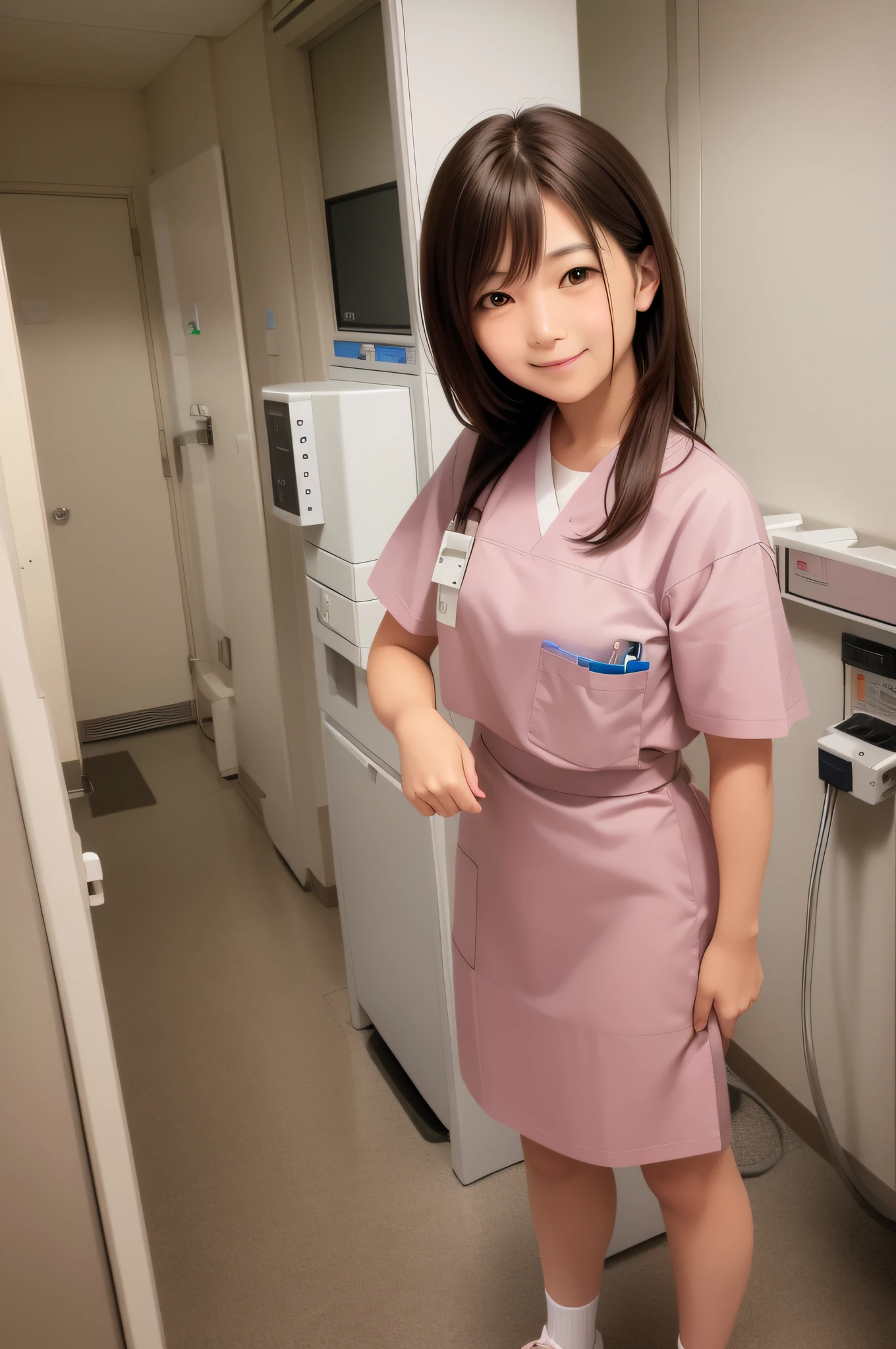 high quality, realistic, photo, human, masterpiece, brown hair, brown eyes, talking, smiling face, lone nurse, light pink uniform, full body, hospital room