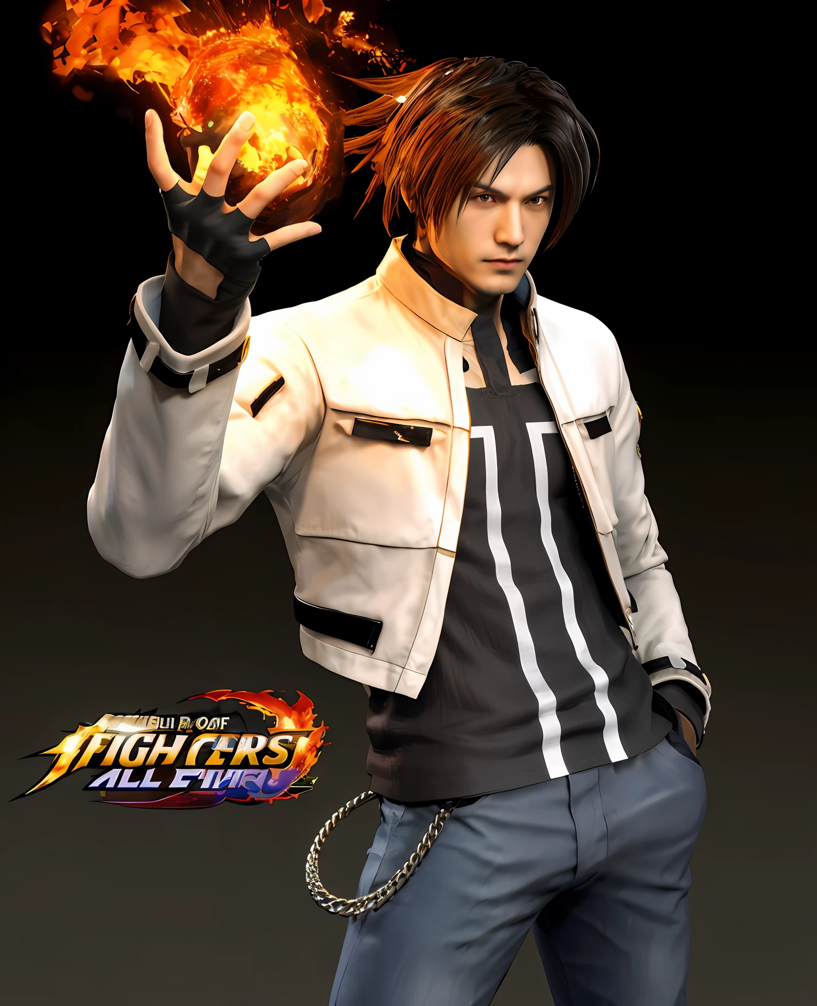 a close up of a person holding a fire ball in their hand, character from king of fighters, as a character in King of Fighters,  king of fighters style, kyo kusanagi, key art, fighting game character, of virtua figther, kazuya takahashi, kazuma kaneko, inspired by Hisui Sugiura, fighter pose, 3D, UHD, hyper detailed resolution image