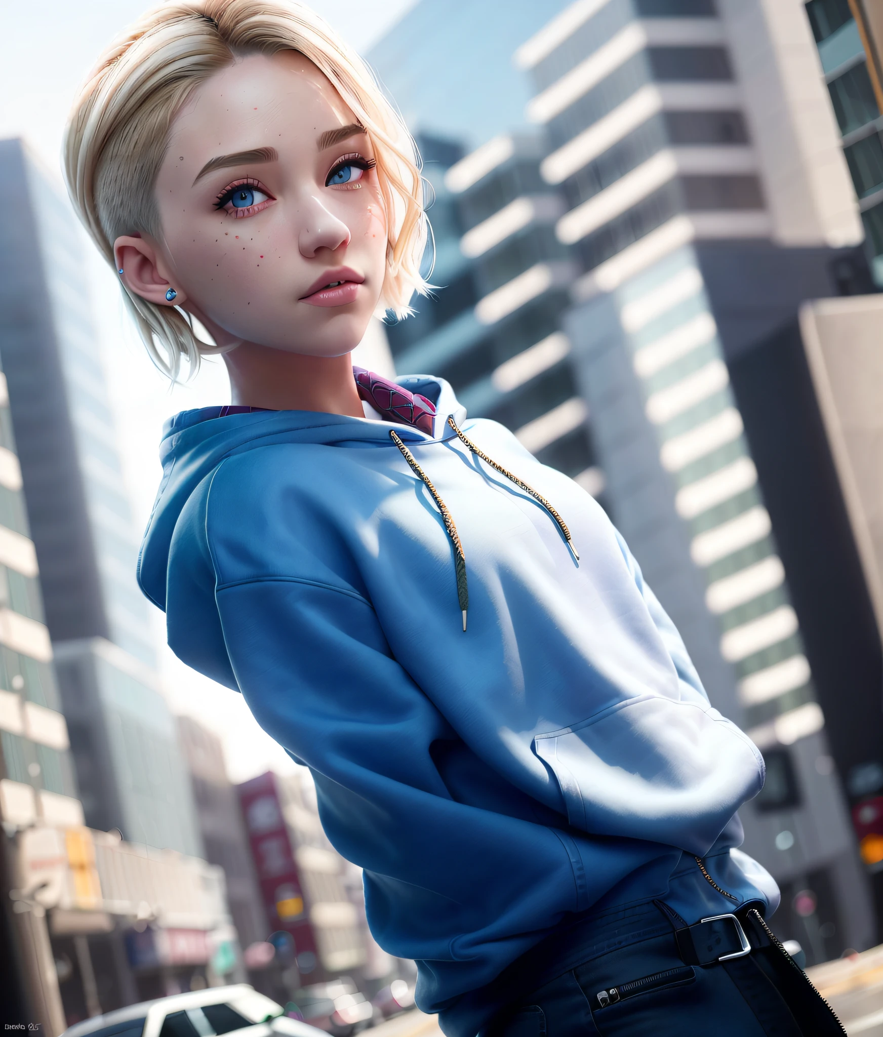 ((realistic)), (cinematic lighting), (photorealism), (beautiful detailed face), ((masterpiece)), ((best quality)), big pupils, side of head shaved, depth_of_field, (beautiful detailed eyes), (gwen_stacy), 1girl, blonde_hair, short_hair, (asymmetrical_hair), ((sidecut)), solo, upper_body, portrait, blue_eyes, light_smile, tooth_gap, parted_lips, lips, city, eyebrow_piercing, hood, hood_down, white_hoodie, looking_at_viewer