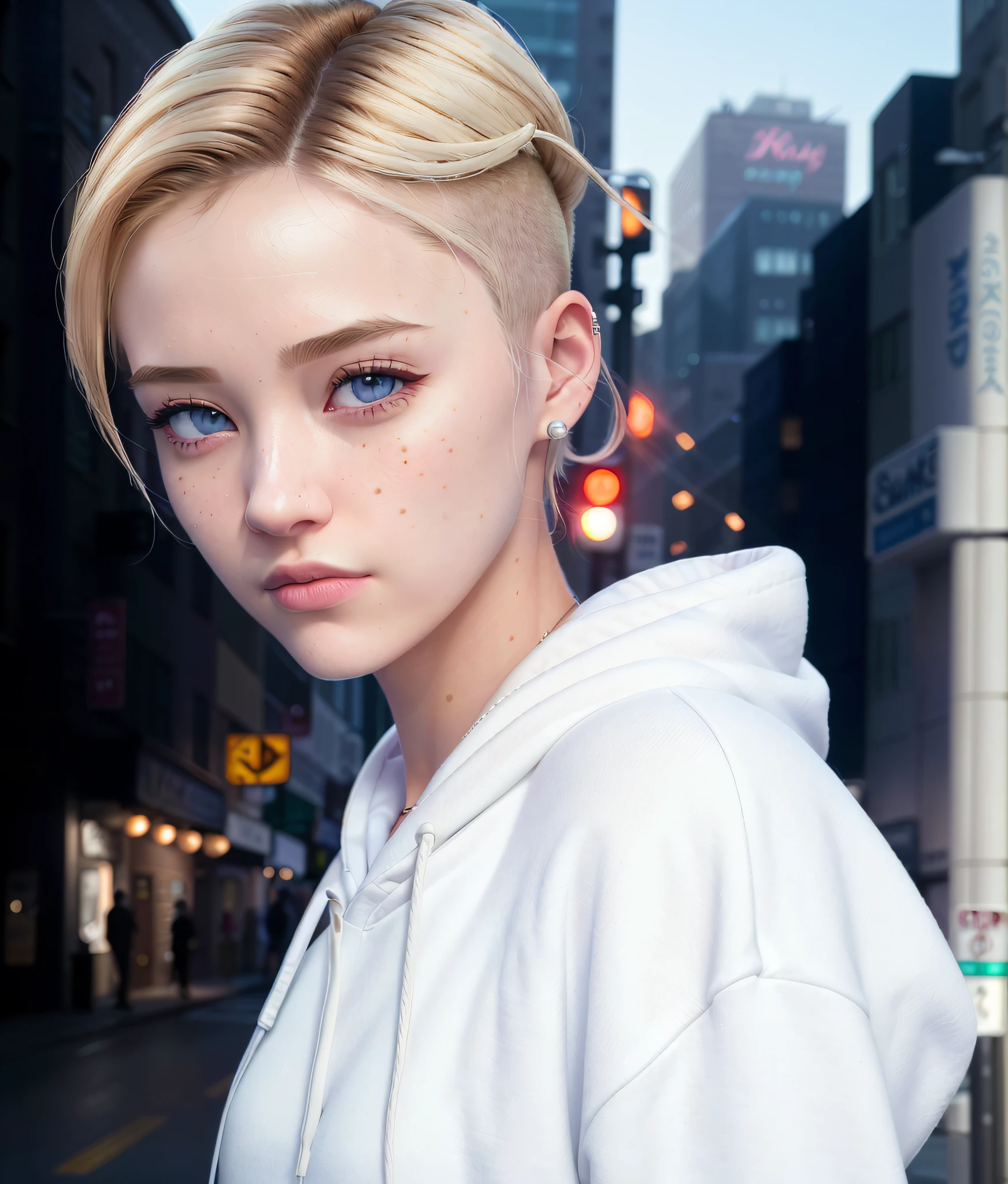 ((realistic)), (cinematic lighting), (photorealism), (beautiful detailed face), ((masterpiece)), ((best quality)), big pupils, side of head shaved, depth_of_field, (beautiful detailed eyes), (gwen_stacy), 1girl, blonde_hair, short_hair, (asymmetrical_hair), ((sidecut)), solo, upper_body, portrait, blue_eyes, light_smile, tooth_gap, parted_lips, lips, city, eyebrow_piercing, hood, hood_down, white_hoodie, looking_at_viewer