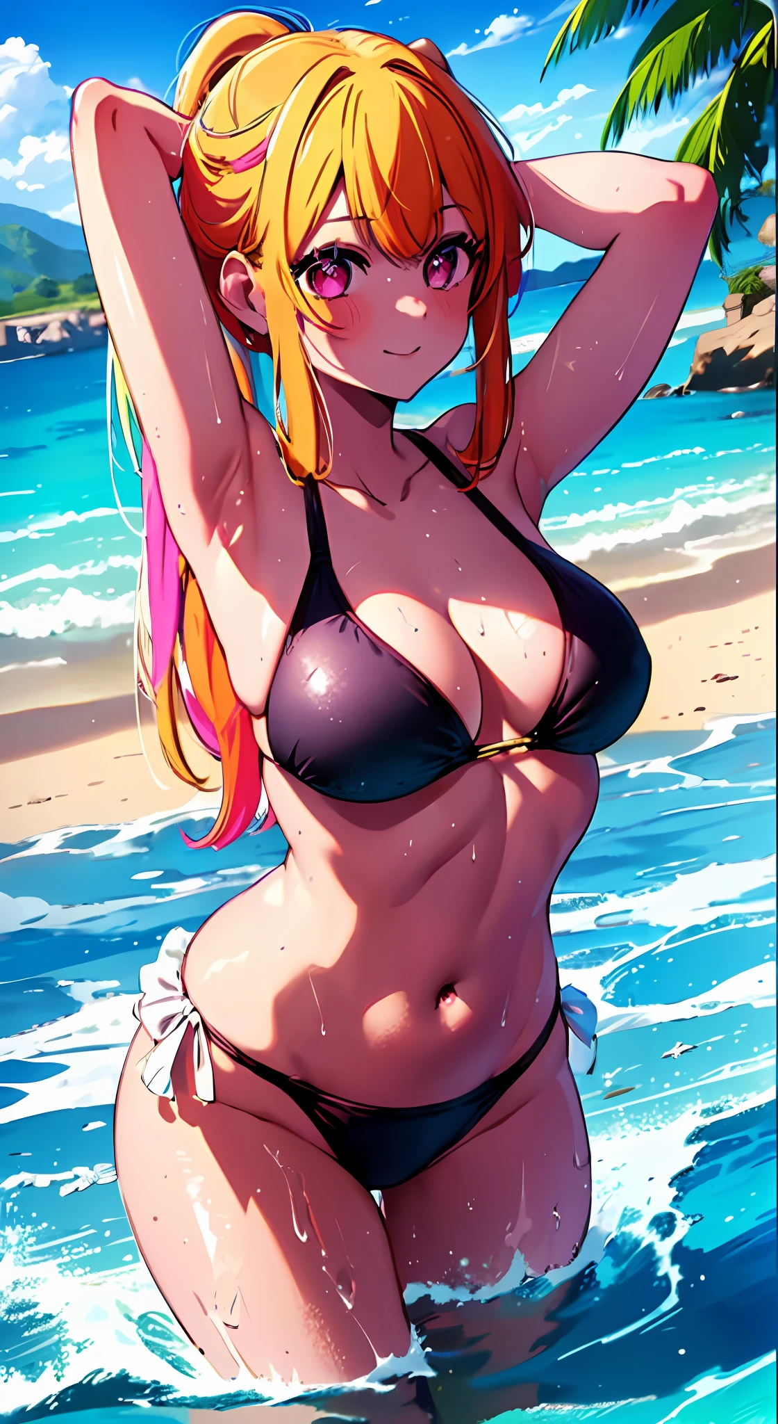 1girl, solo, swimsuit , bangs,happy,posing, multicolored hair, sea background , (masterpiece:1.2), highres, best quality, 8k, star-shaped pupils in left eye, orange hair, long hair, pink eyes, blonde, bangs,happy,posing, multicolored hair,