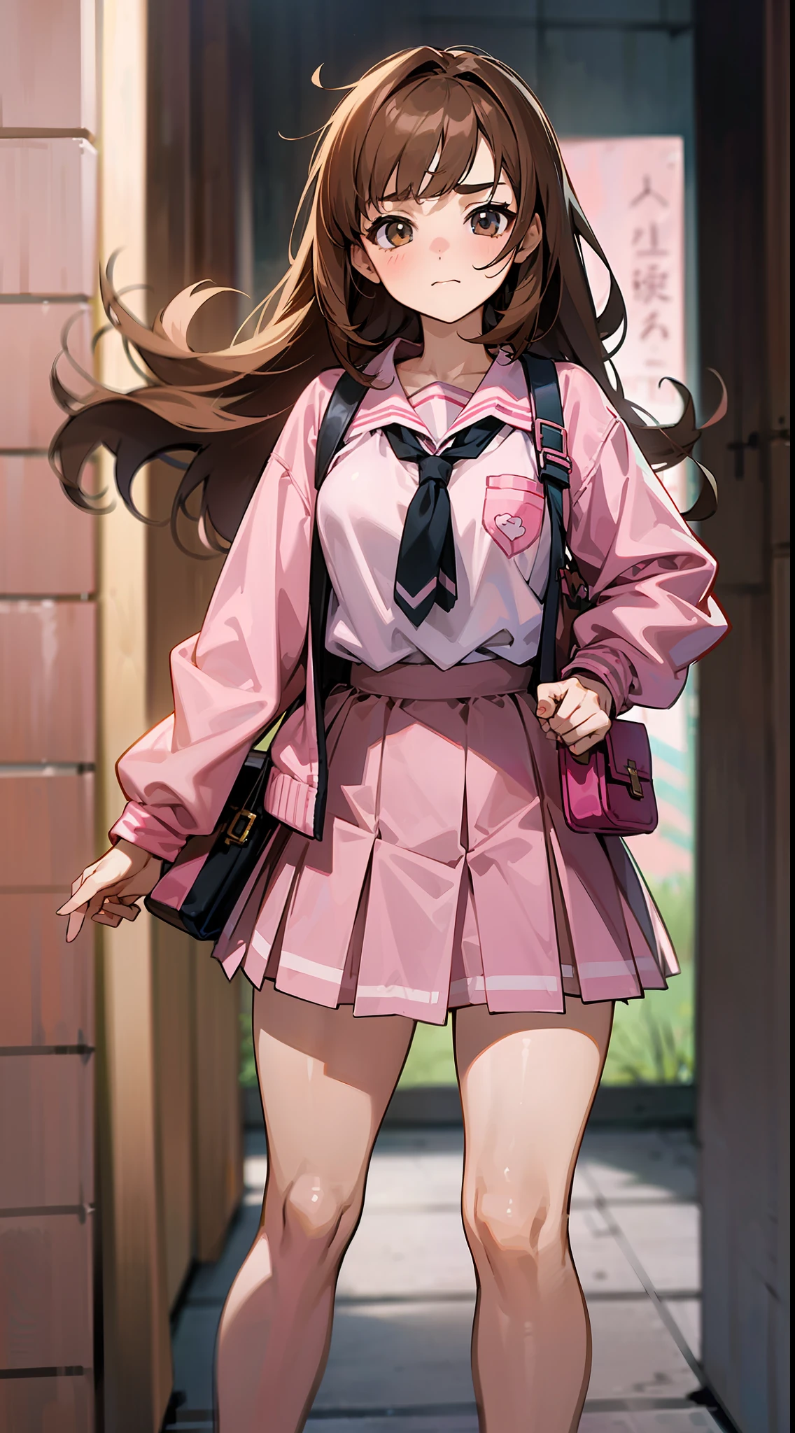 {{age female, caucasian}}, looking at viewer, hazel eyes, extremely detailed, brown hair, pink clothes, bully, mean girl, tough girl, schoolgirl, happy, best quality, high quality, extremely detailed anime screencap, full body --auto --s2