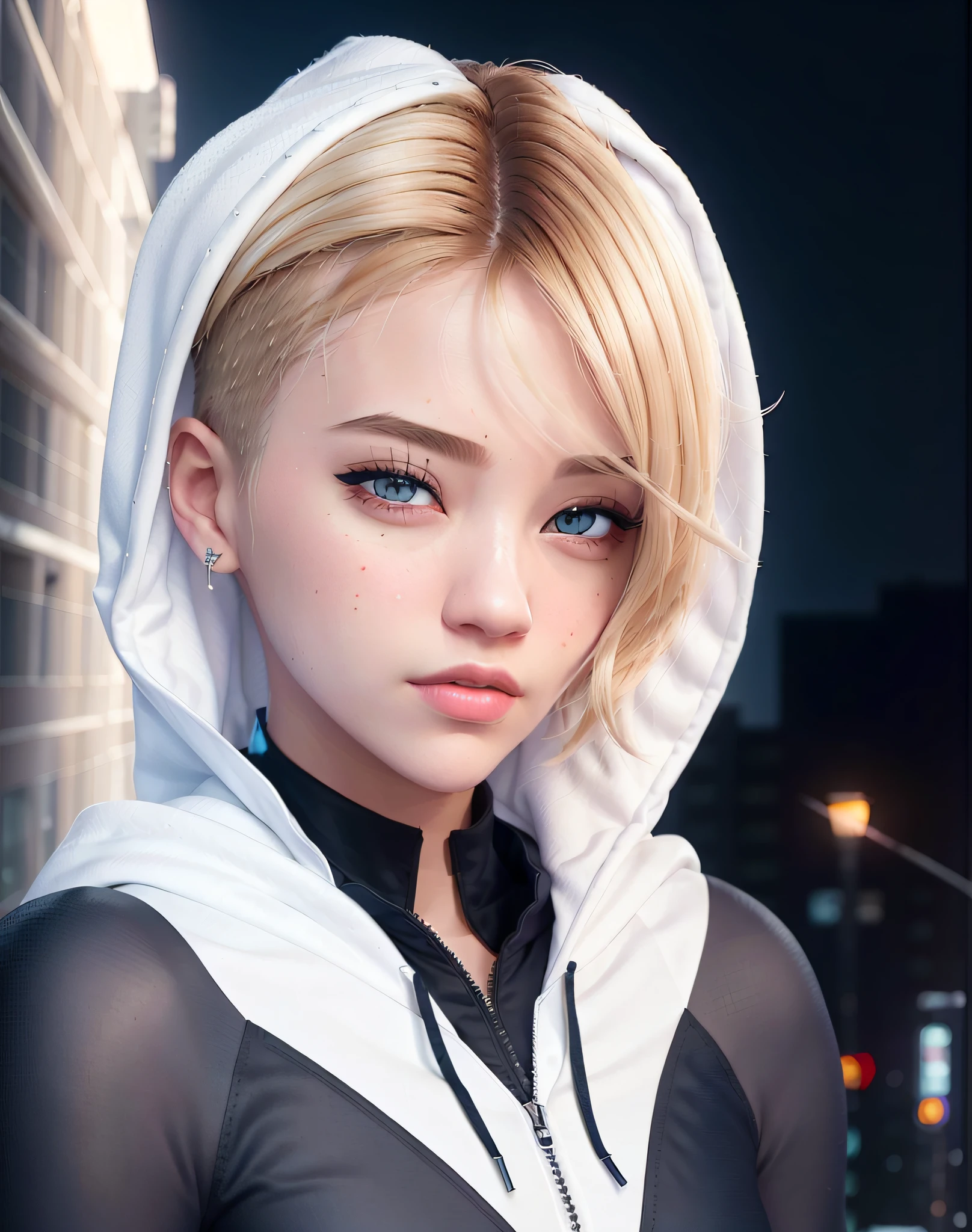 (masterpiece), ((best quality)), parted lips, light_smile, cinematic lighting, ultra-realistic, ((realistic)), (gwen_stacy), blonde_hair, short_hair, solo, sidecut, asymmetrical_hair, parted_lips, eyebrow_piercing, (detailed face), beautiful 1girl, 1girl, looking at viewer, (beautiful detailed eyes), bodysuit, spider-suit, white hoodie, hood_down, portrait, upper_body, (side of head shaved), (small breasts)