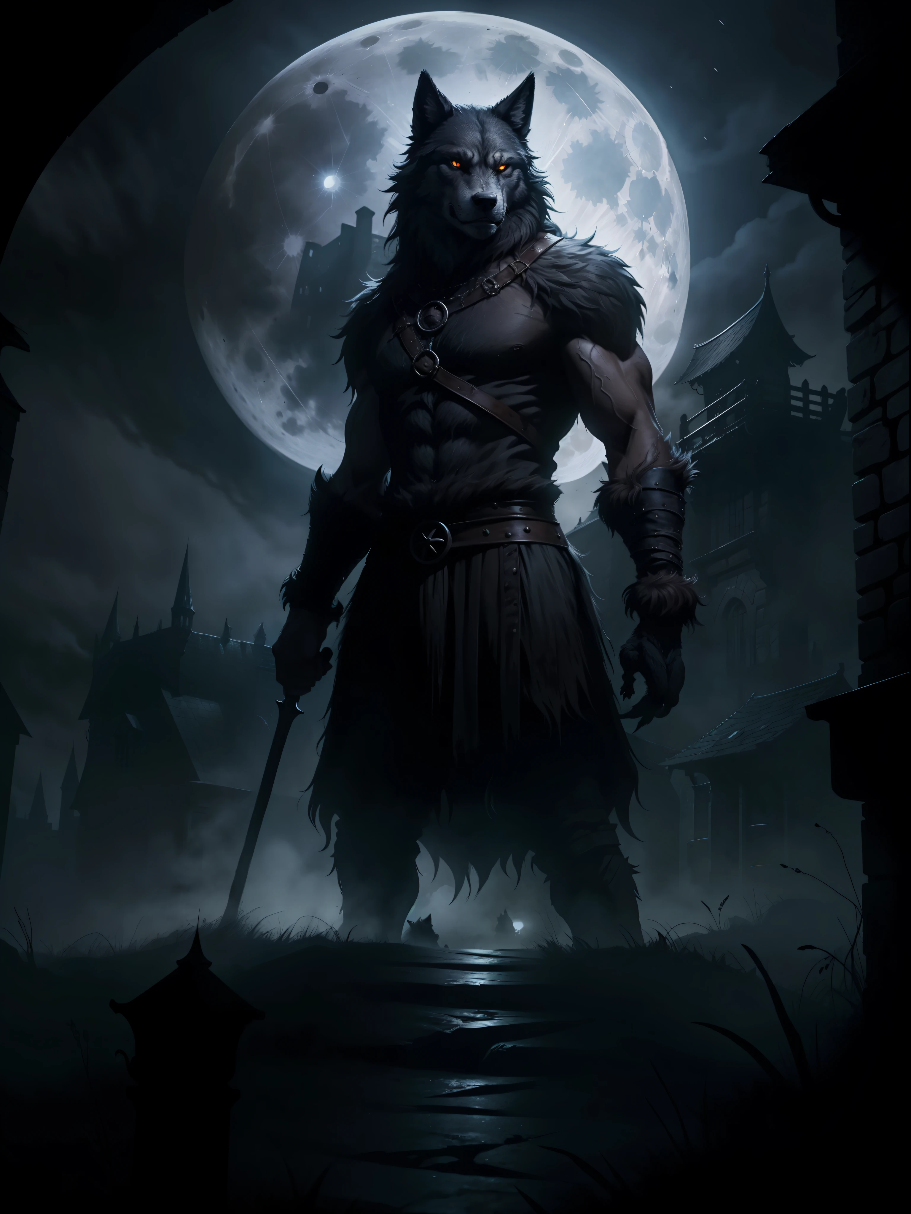 The Werewolf, Medieval City, Night, Dark Environment, Darkness, Fog, Blood, Full Moon