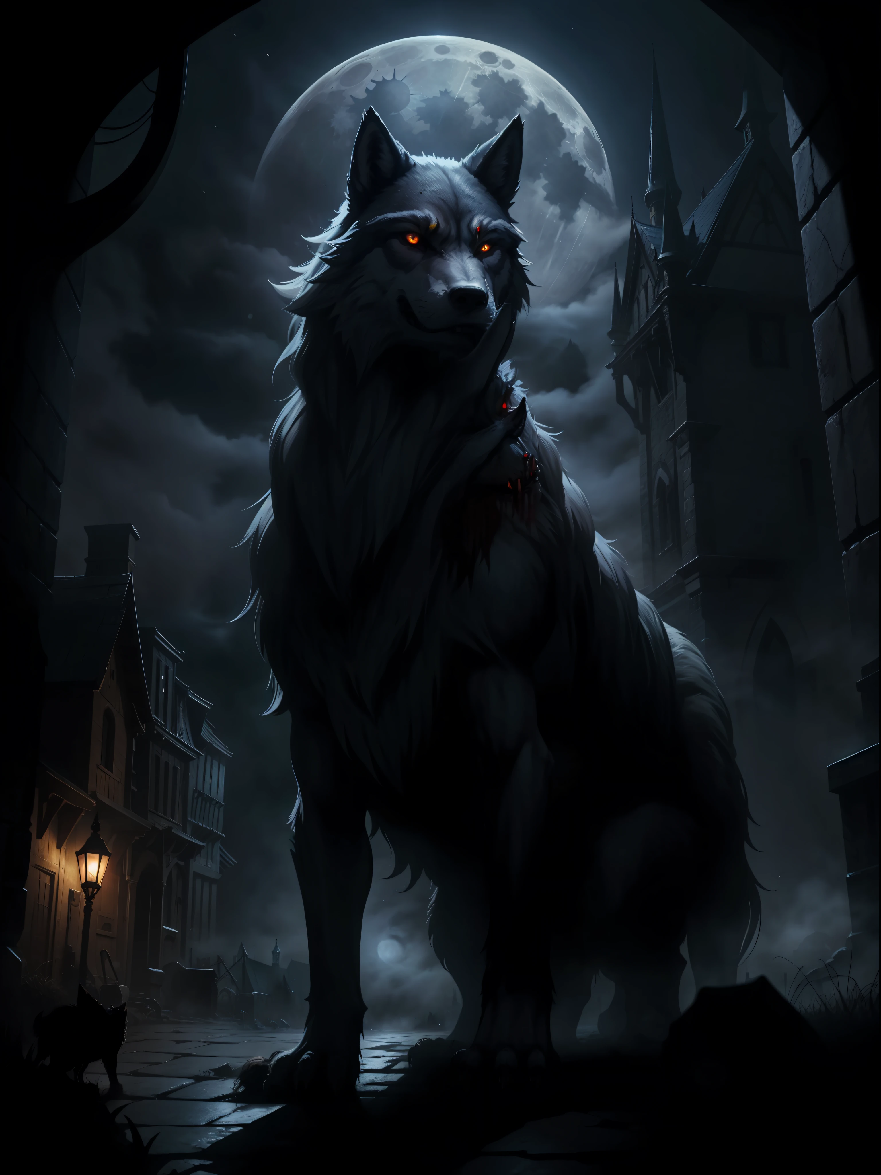 The Werewolf, Medieval City, Night, Dark Environment, Darkness, Fog, Blood, Full Moon