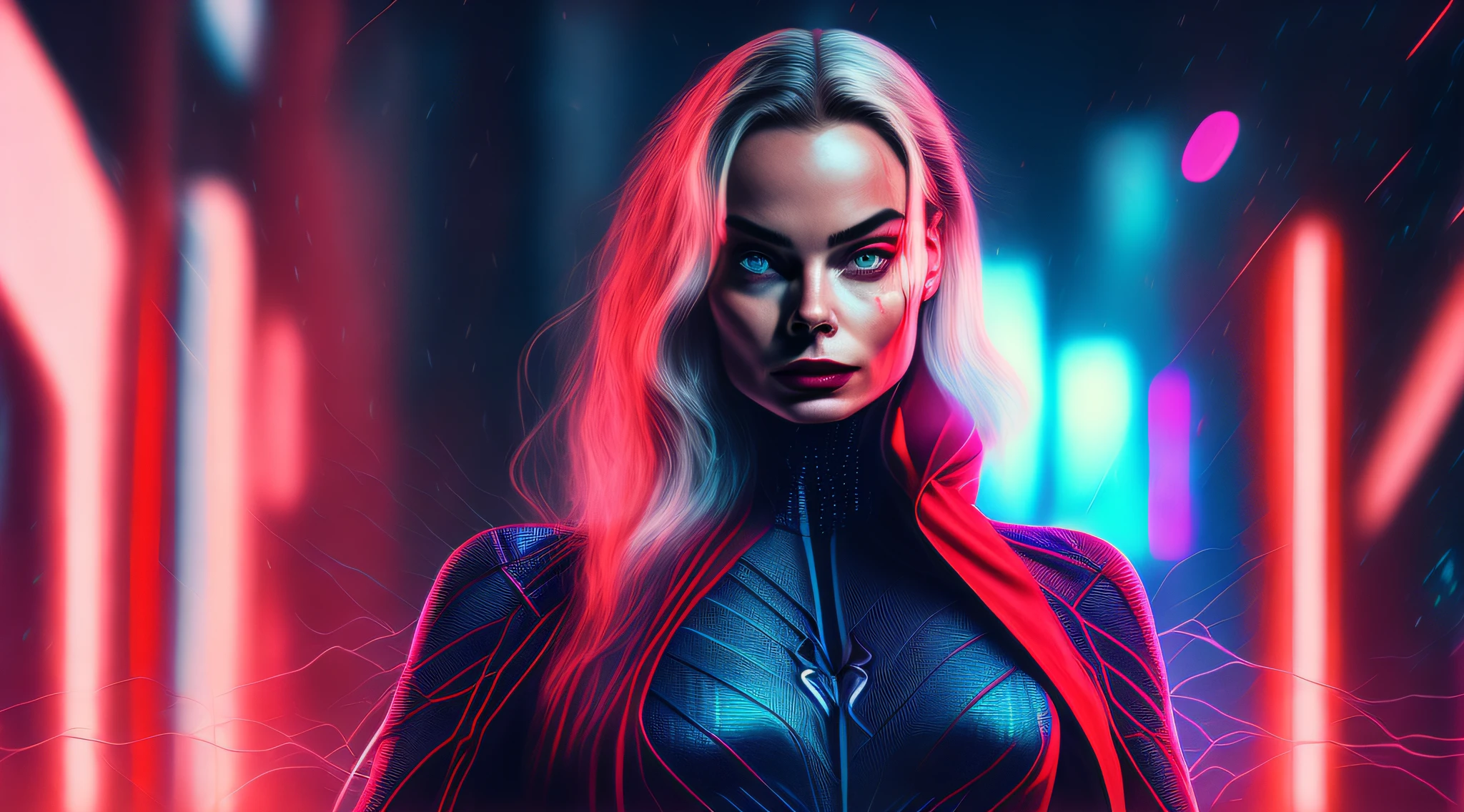 margot robbie Spider woman, cyberpunk, 8K.