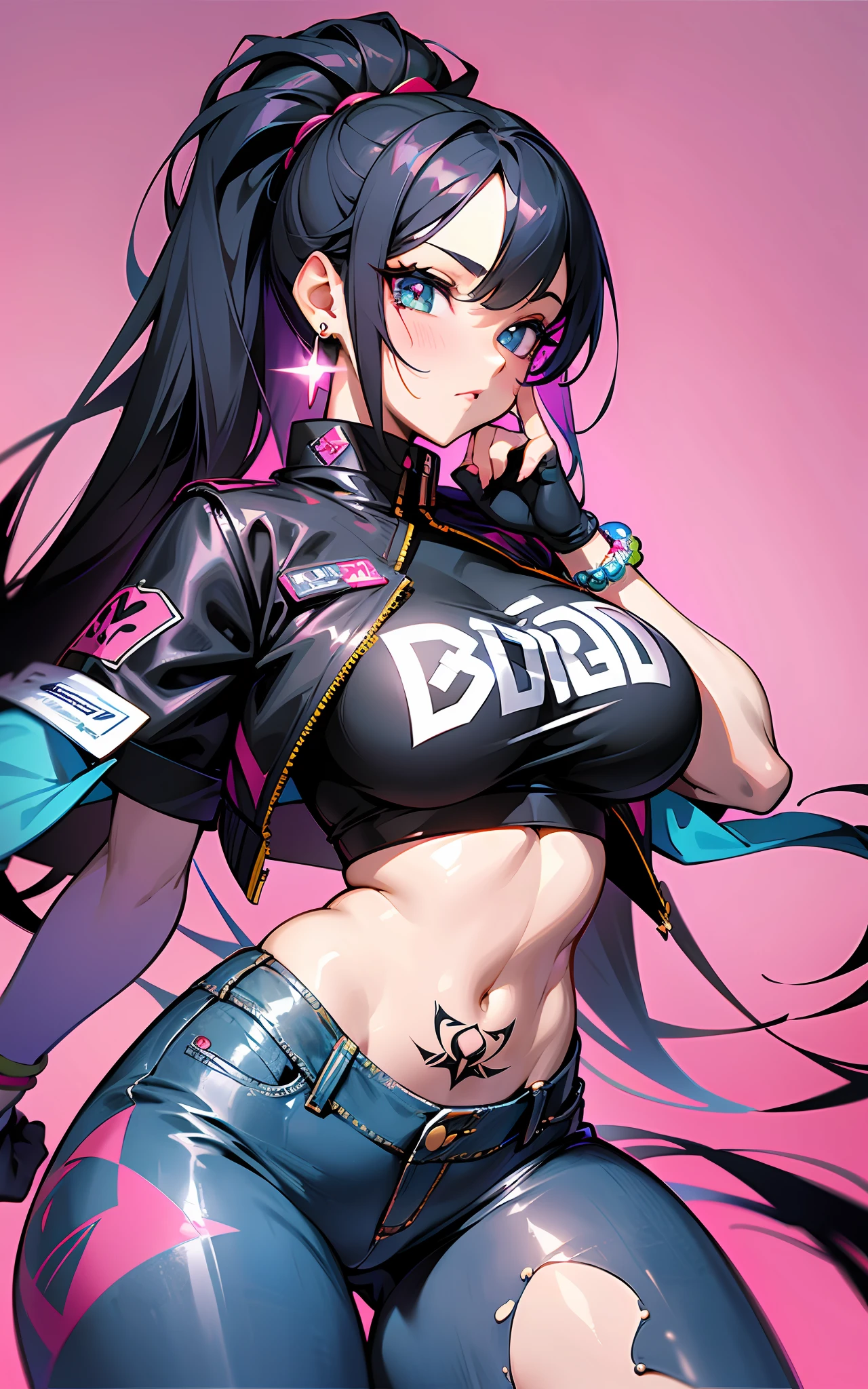 background, mixed-language_text, Japanese letters in graffit, ashley alexiss beautiful woman, long black hair, excellent lighting, sidelighting, perfect ultimate (flat color pink bubblegum gradient: 1.3), (magazine_cover: 1.4), (multicolored_background: 1.3), striped_background, card_background, :: discs with sharp and shiny blades in hand :: circular pieces of white metals glued to the ultra detailed arms coming out sparkling glow, black star design stamped in the middle of the t-shirt, perfect and detailed sculptural body, ultra detailed shirt with abstract design and with Japanese letter print in grafit of the sides of the clothing, worn jeans, big breast, with immersive effects, hover effect, background graffiti style flowers with flowers and vibrant colors, "ultra" hdr detailed and with focus effect, (masterpiece: 1.2, best quality), (beautiful emerald yellow eyes with huge finely detailed eyelashes: 1.2), , ((Solo)), (Finely detailed eyes and detailed face:1.3),beautiful ultra-detailed eyes, lineart light smile, graffiti and tattoo style backdrop, woman, alone. midriff, skintight bodysuit with detailed tattoo-style print, ultra-detailed red gradient leather jacket, hot thighs, black skintight pants with ultra-detailed white and pink detailing, large breasts, ultra-detailed bracelets on arms, mid-length earrings, black finger gloves outside, bracelet on right arm with ultra bright red energy