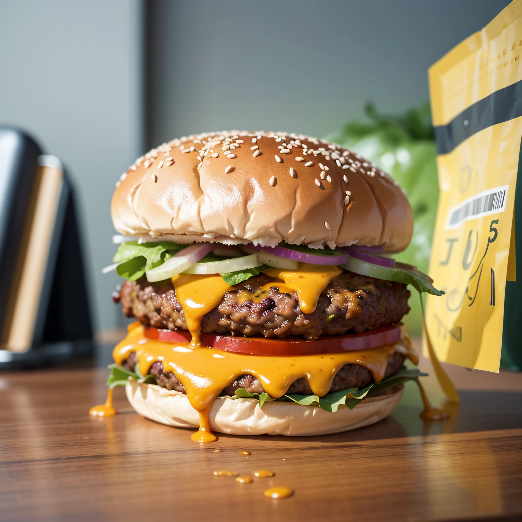 a cheesburger sitting on a table, hyper realistic digital painting, color hyperrealism, amazing food illustration, blender cheesburger, amazing food photography, hyper realistic oil painting, hyper realistic color photo, ultra realistic oil painting, realistic color photography, hyper realistic oil painting, hyper realistic oil painting, beautiful 3d rendering, hyper realistic digital painting,  With a cockroach in the foreground --auto --s2