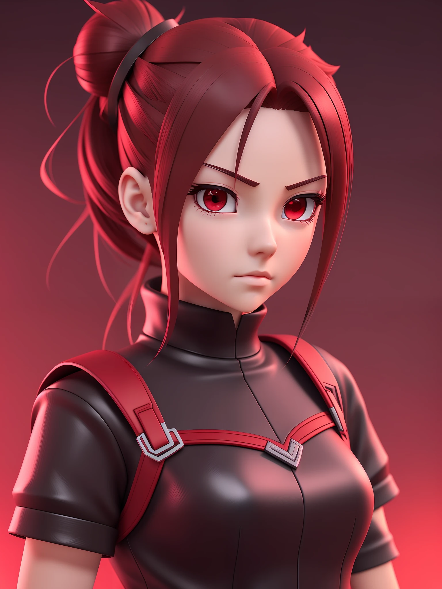 Young girl, a cartoon character dark red outfit, ((cold expression and tired eyes)), ((hair up to shoulder)), (red eyes), stylized character, animation character, stylized 3d render, 3d character, highly detailed character, stylized anime, stylized 3d, render character, character model, closeup, (maximum quality)