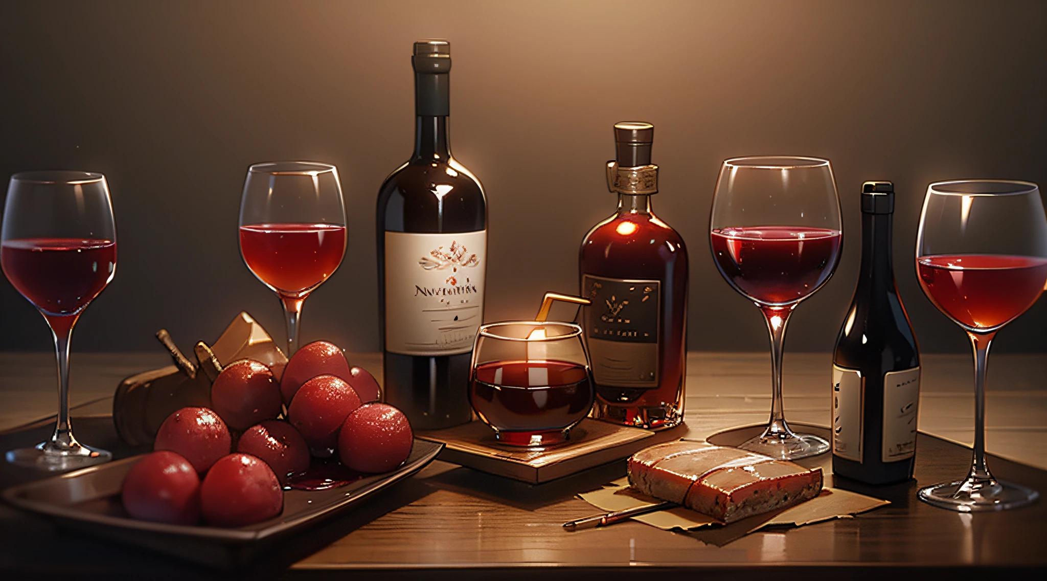 It's a table of fine wines with lots of beautiful cocktails, red wines, whiskey, warm, mysterious, ancient.