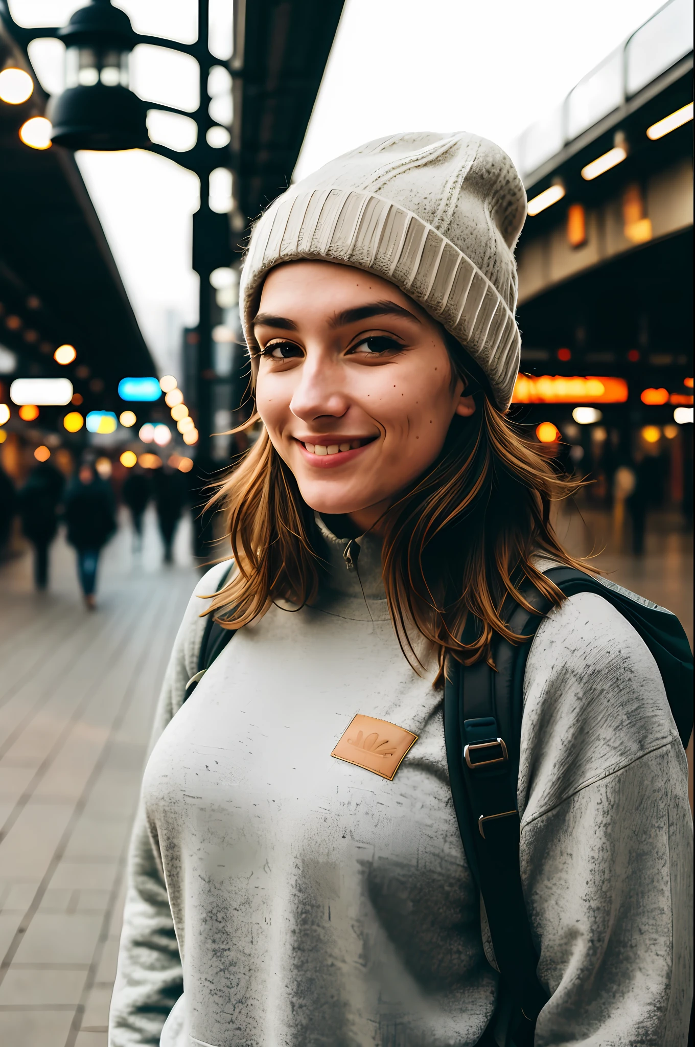 1 woman ((upper body selfie, happy)), masterpiece, best quality, ultra-detailed, solo, outdoor, (night), train station, cheerful, happy, backpack, water bottle, sweater, hat, urban, smoke, shadows, contrast, clear sky, style (look at viewer: 1.2) (skin texture) (film grain: 1.3), (warm tone, warm tone: 1.2), close-up, cinematic light,  side lighting, ultra high res, better shade, RAW, upper body, using pullover, large breasts
