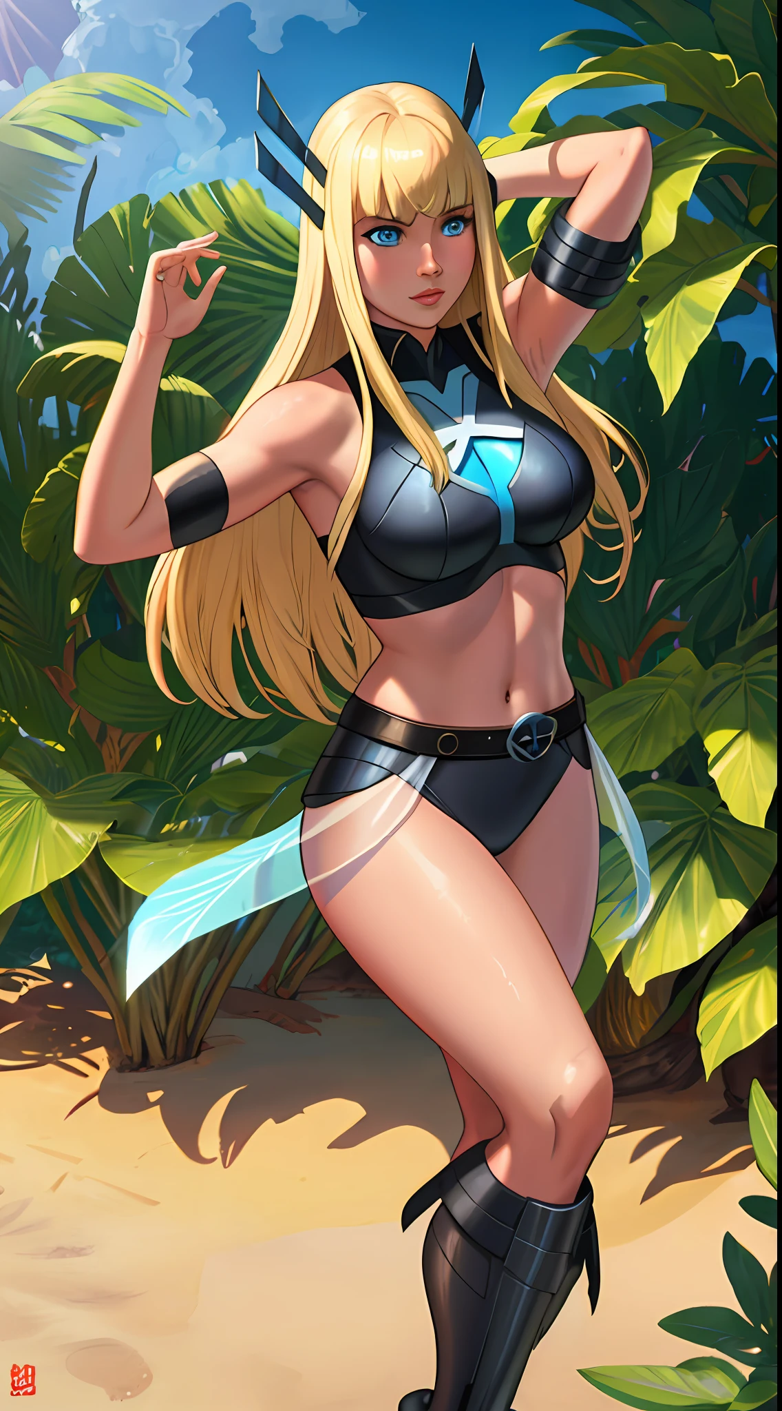 magik (from x-men, blue eyes, long blonde hair with bangs) dancing hula in Hawaii, on the beach, happy, (((wearing sexy Kupe)))), masterpiece: 1.2, best quality: 1.2, ultra-detailed, CG illustration, high resolution, better lighting, better shadow, extremely delicate and beautiful, appropriate shading, HD, 8k, ray tracing, natural movement, windy