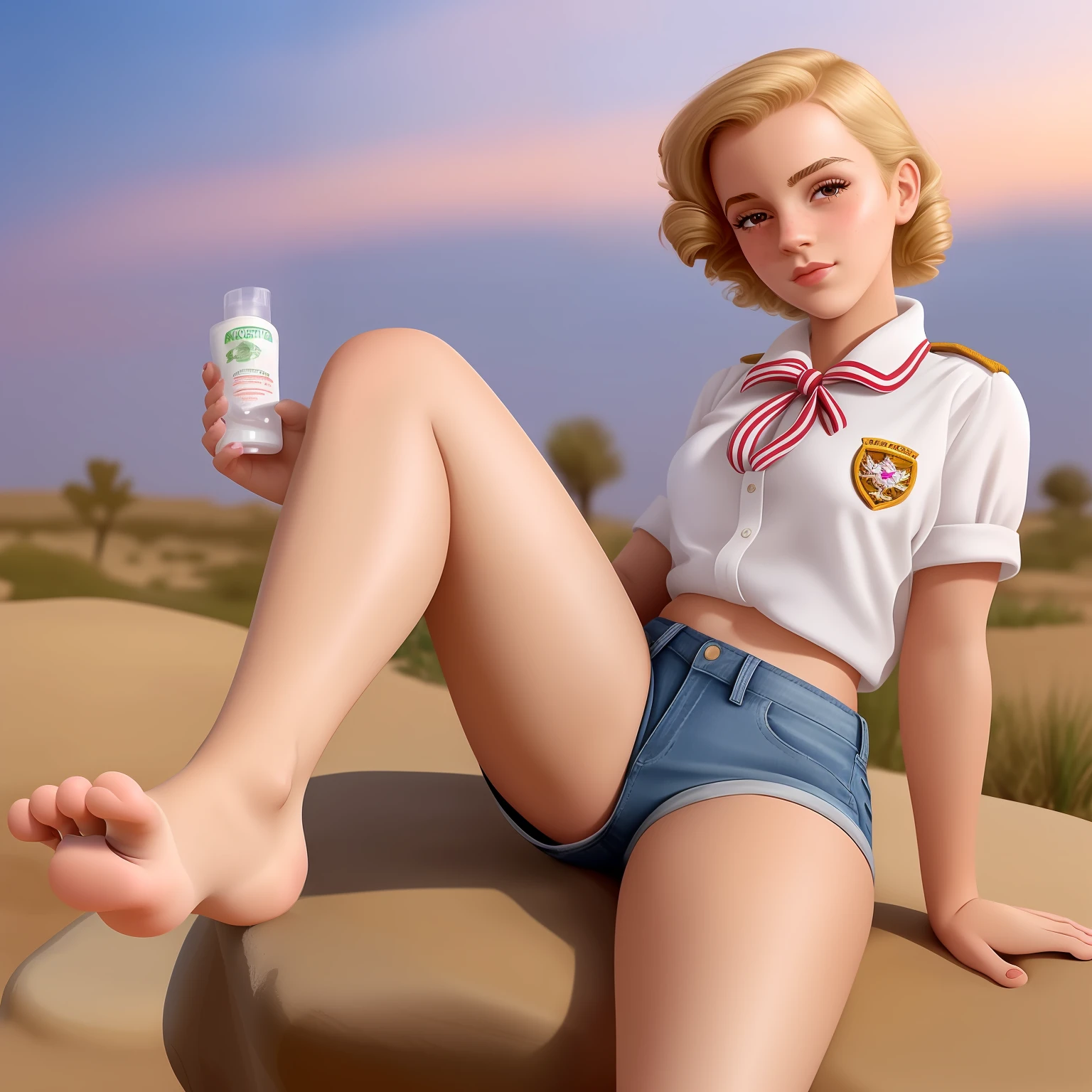 1girl, western animation, model is cross between Emma Watson and Marilyn monroe, girl scouts cosplay, girl scout uniform, merit badge sash, rubs lotion on feet, foot focused, sprayed with lotion, cameltoe, sockless, ((shoeless)), tiny ripped jean shorts, look back, cameltoe,