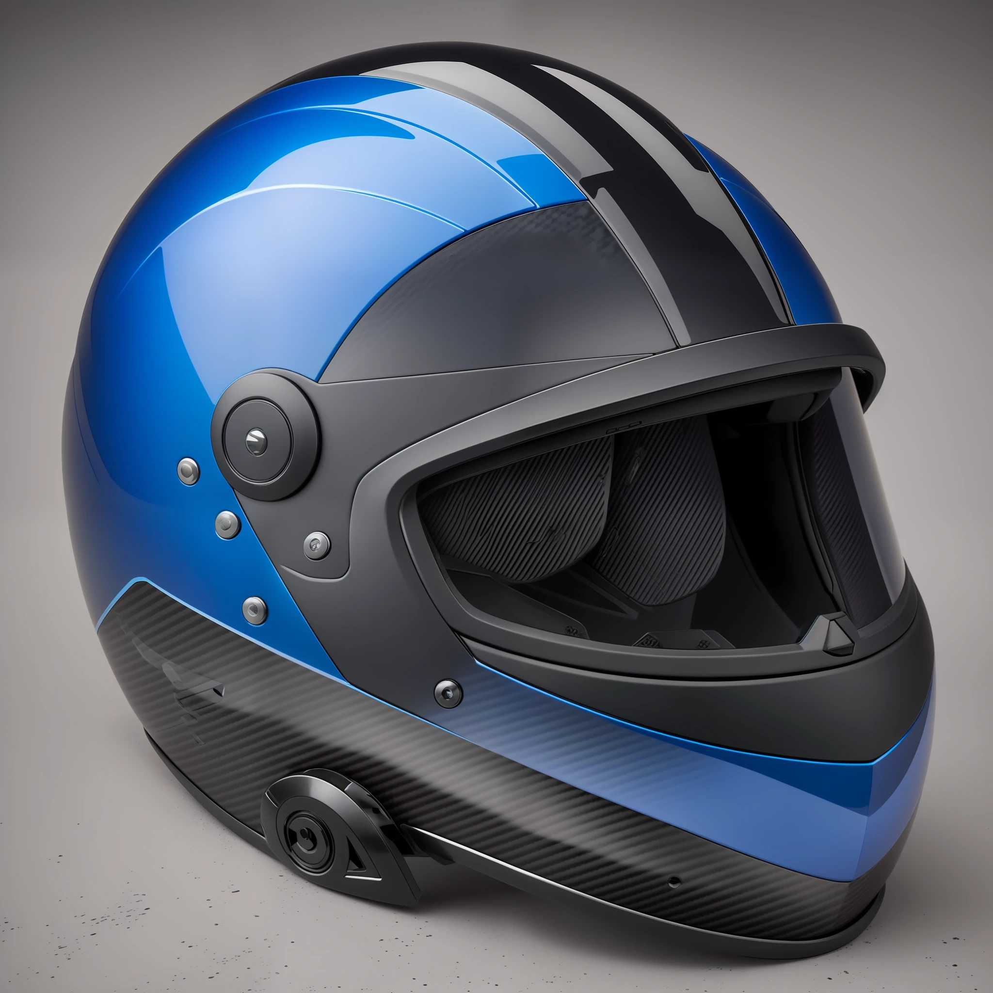 Create a photo only of very mobile helmet, futuristic robotic, high protection, in carbon fiber look, colors: blue with black! with details reminiscent of speed, with black visor! --auto --s2
