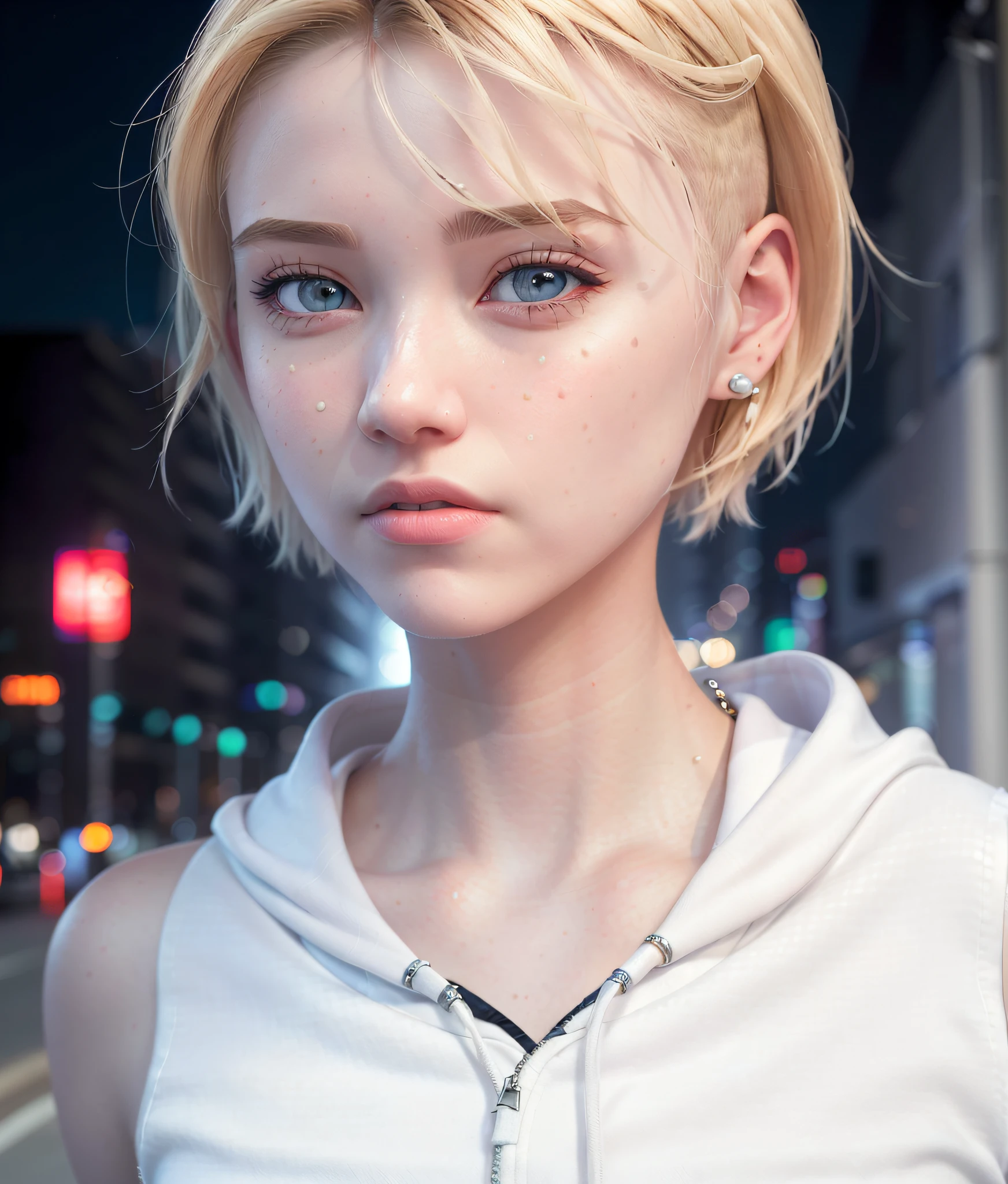 ((realistic)), (cinematic lighting), (photorealism), (beautiful detailed face), ((masterpiece)), ((best quality)), big pupils, side of head shaved, depth_of_field, (beautiful detailed eyes), (gwen_stacy), 1girl, blonde_hair, short_hair, (asymmetrical_hair), ((sidecut)), solo, upper_body, portrait, blue_eyes, light_smile, tooth_gap, parted_lips, lips, city, eyebrow_piercing, hood, hood_down, white_hoodie, looking_at_viewer