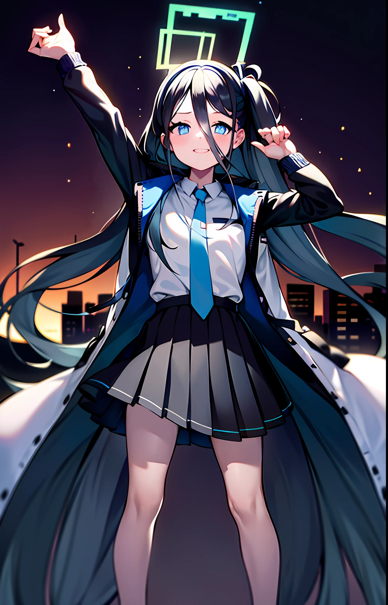 (pureerosface_v1:0.66), best quality, ultra high resolution, (photorealistic: 1.4), 1 girl, fine eyes, dark eye makeup, slim waist, blush, k-pop idol, (charm: 1.0), fine eye makeup, puffy eyes, solo, perfect anatomy, (big), (slender), (black hair: 1), (look at the viewer), (original_ alice), (light blue tie), (marine blue eyes), (zhuo),(alice_halo:0.7),(blue halo),(smile),(happiness),(pigtails),(long hair),(long bangs),(blue archive),(black hair band),(long coat),(school uniform),(white long-sleeved shirt),(pleated skirt),(navy blue skirt),(bare feet),nsfw, depth of field, facial details, skin luster, beautiful eyes, dark eye makeup, slim waist, blush, fine eye makeup, solo, perfect anatomy, ultraman, makeover pose.night view.make a fist.