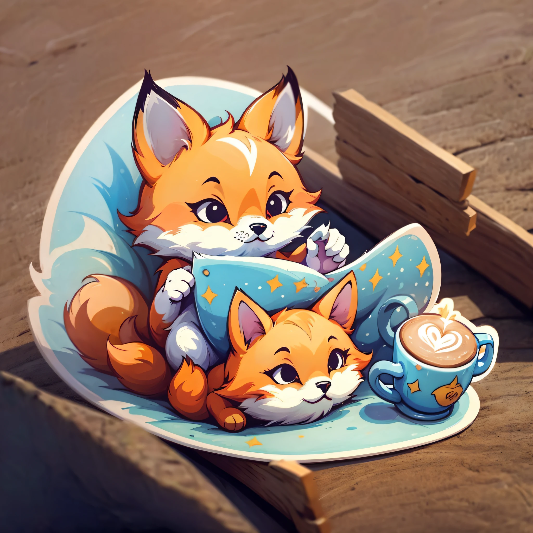 a sticker of a storybook fox holding a coffee --auto --s2