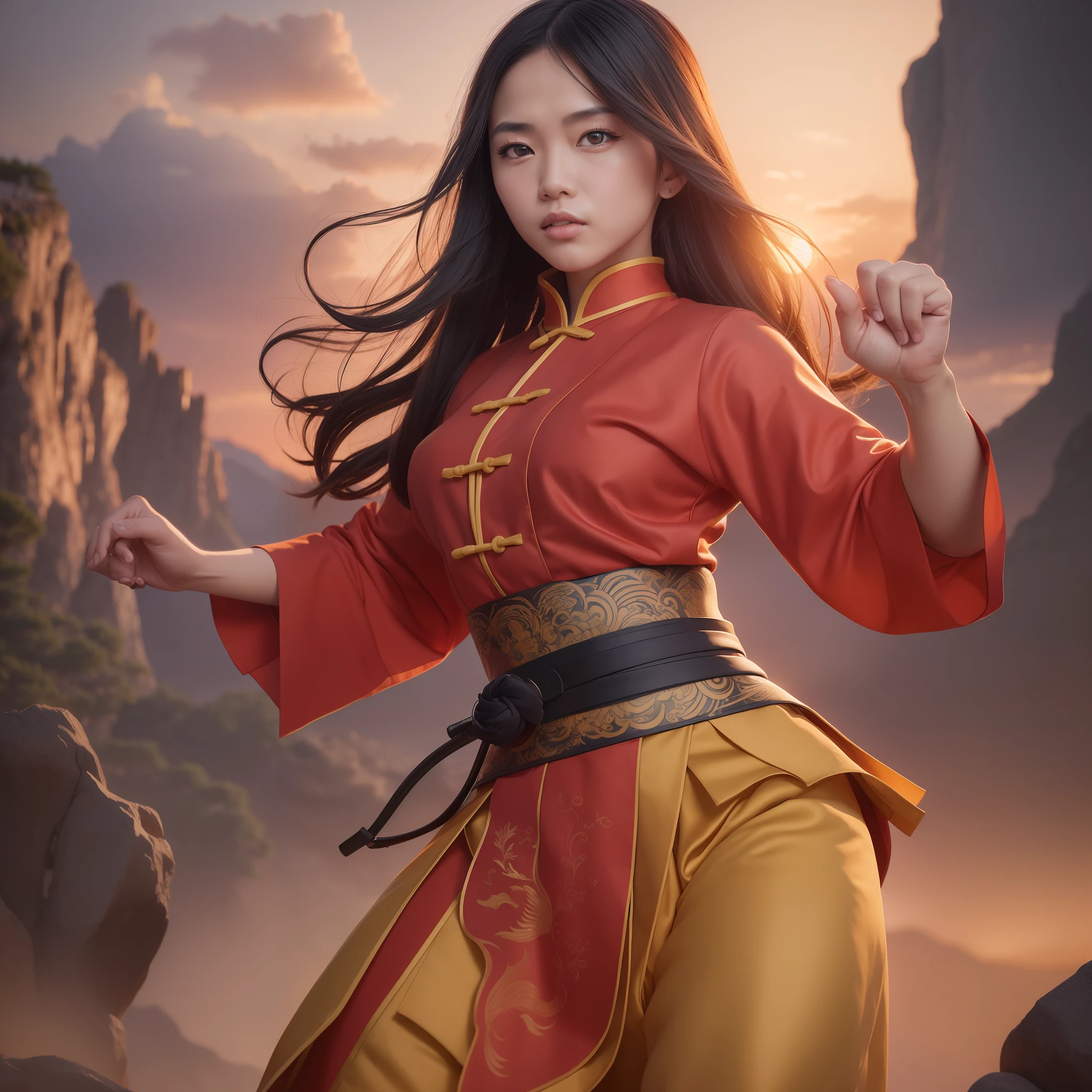 a kung-fu master 2d illustration, highly detailed photo, landscape, sunset, highly detailed photo, natural lighting, fashion photography, hasselblad helios 44-2