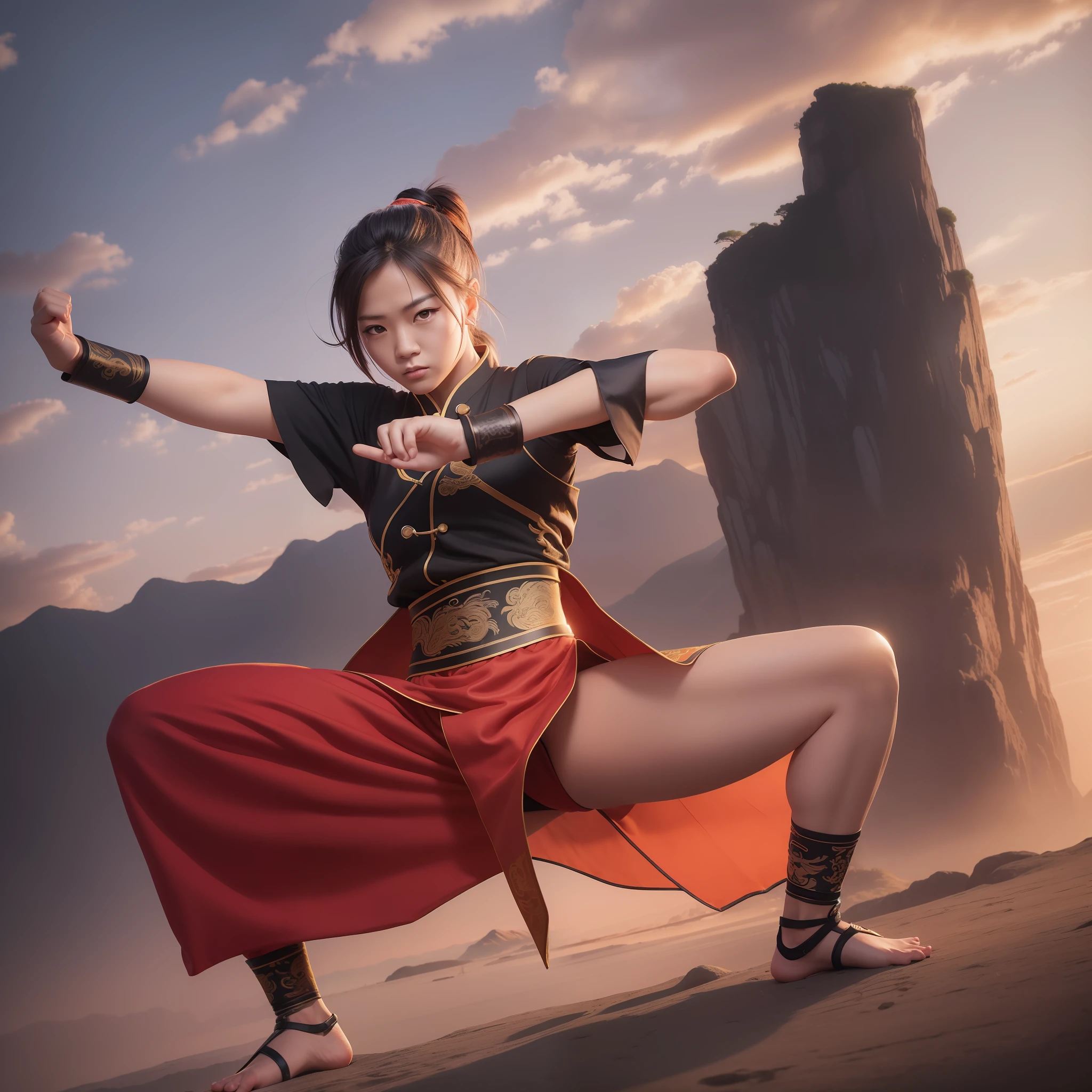 a kung-fu master 2d illustration, highly detailed photo, landscape, sunset, highly detailed photo, natural lighting, fashion photography, hasselblad helios 44-2