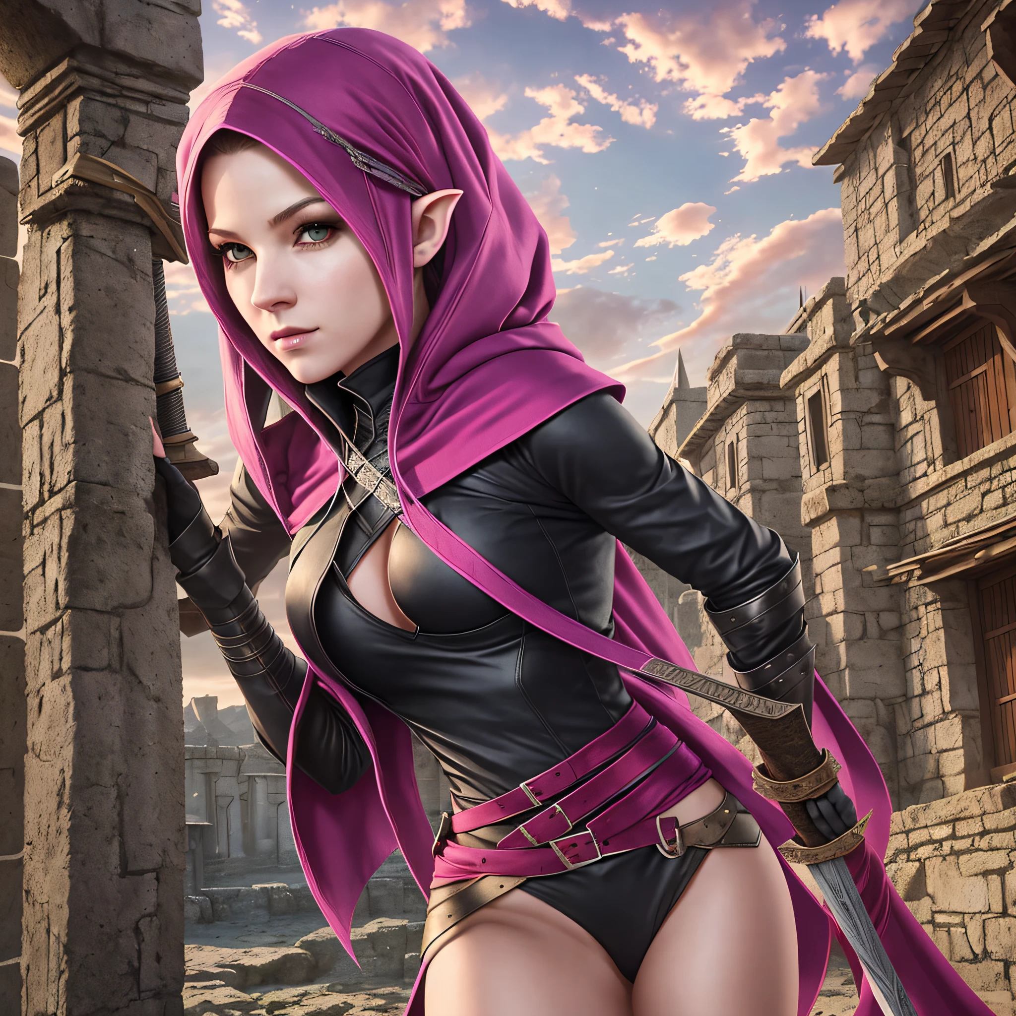 Create a female character in Hoodedie with a sword, female rogue portrait, Ladina, Female rogue, Rogue Epic Fantasy, Beautiful Rogue Lady, Female Rouge Assassin, Male Rogue, Backveiw Rogue Elf Photo, Rogue Thief,Rogue Class Warrior Class, Rogue Anime Girl, Rogue Tiefling --auto --s2