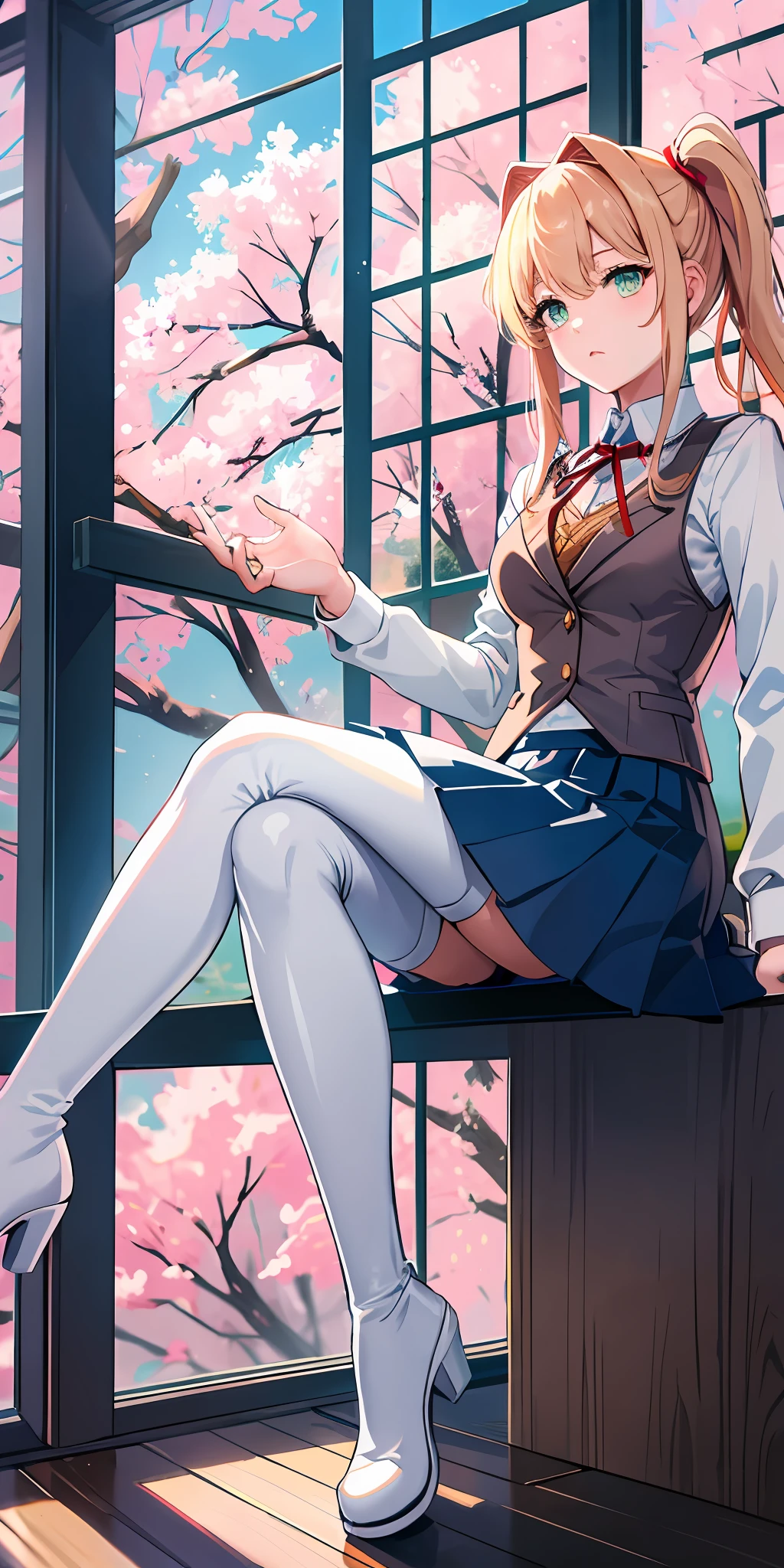 {best quality}, {{masterpiece}}, {highres}, original, extremely detailed 8K wallpaper, 1girl, {an extremely delicate and beautiful},{{{monika}}},beautiful girl,high ponytail,{sitting on chair},{upper body},{{{out of frame}}},blond hair,white bowknot,green eyes,skindentation,platform heel ((thigh boots)),school uniform,pleated skirt,sweater vest,white pantyhose,leather shoes,perspective,looking at window,lovely,school,cherry blossoms and blue sky outside the window,