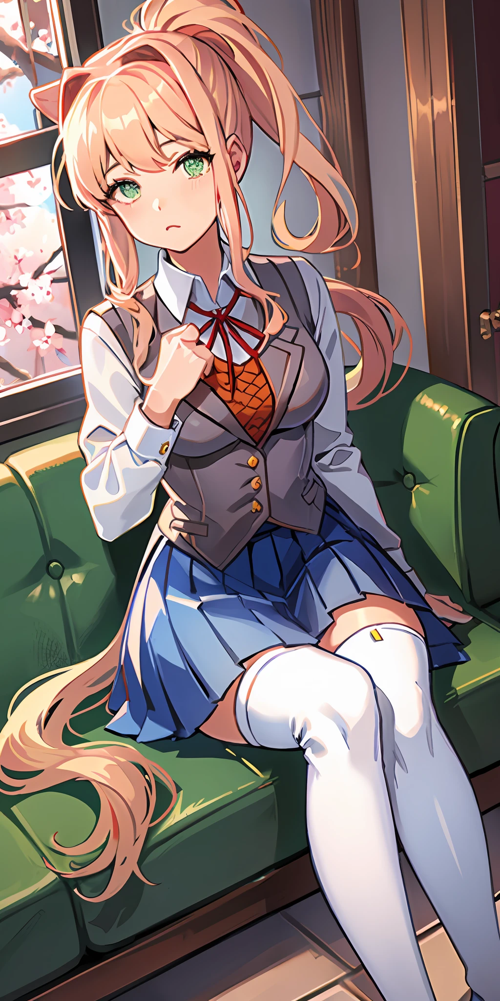 {best quality}, {{masterpiece}}, {highres}, original, extremely detailed 8K wallpaper, 1girl, {an extremely delicate and beautiful},{{{monika}}},beautiful girl,high ponytail,{sitting on chair},{upper body},{{{out of frame}}},blond hair,white bowknot,green eyes,skindentation,platform heel ((thigh boots)),school uniform,pleated skirt,sweater vest,white pantyhose,leather shoes,perspective,looking at window,lovely,school,cherry blossoms and blue sky outside the window,